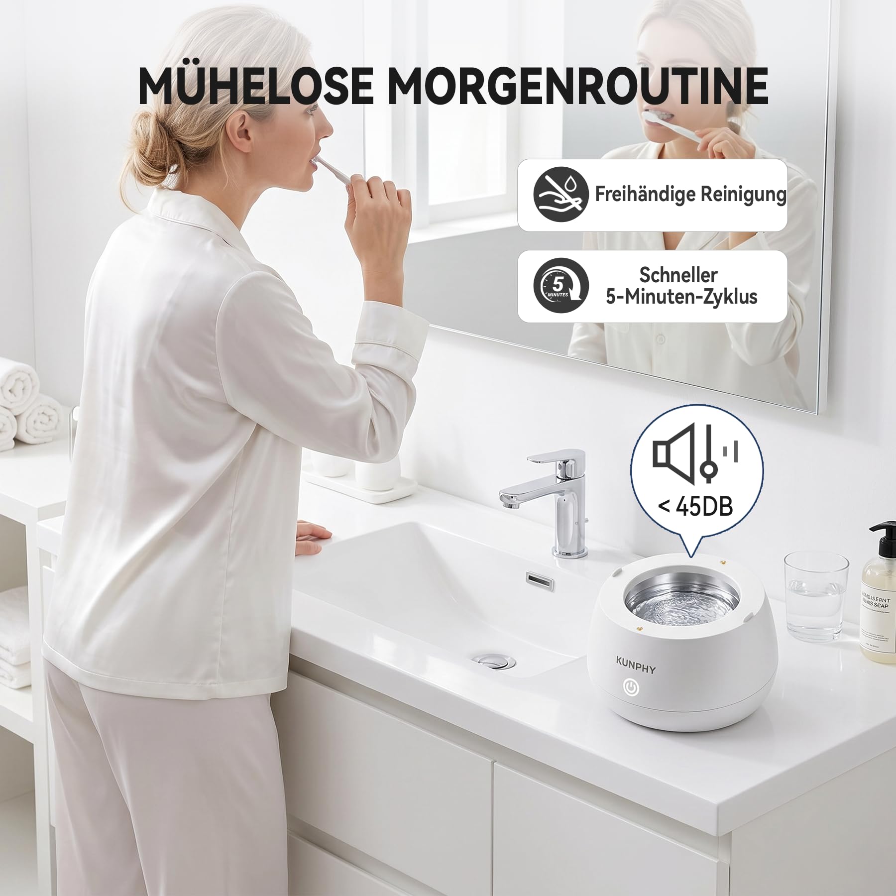 KUNPHY Ultraschallreinigungsgerät, 48kHz Dental Pod | 200ml, Ultrasonic Cleaner for Zahnersatz, Retainer, Aligner, Prothesen, Zahnbürstenkopf, Schmuck Schwarz, IPX7 Wasser-feste