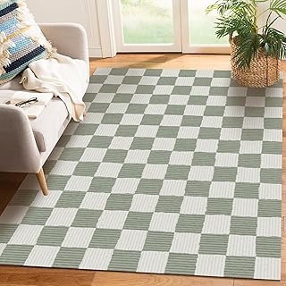 Sage Green Washable Area Rug 3' ×5' Checkered Large Living Room Rug Geom...