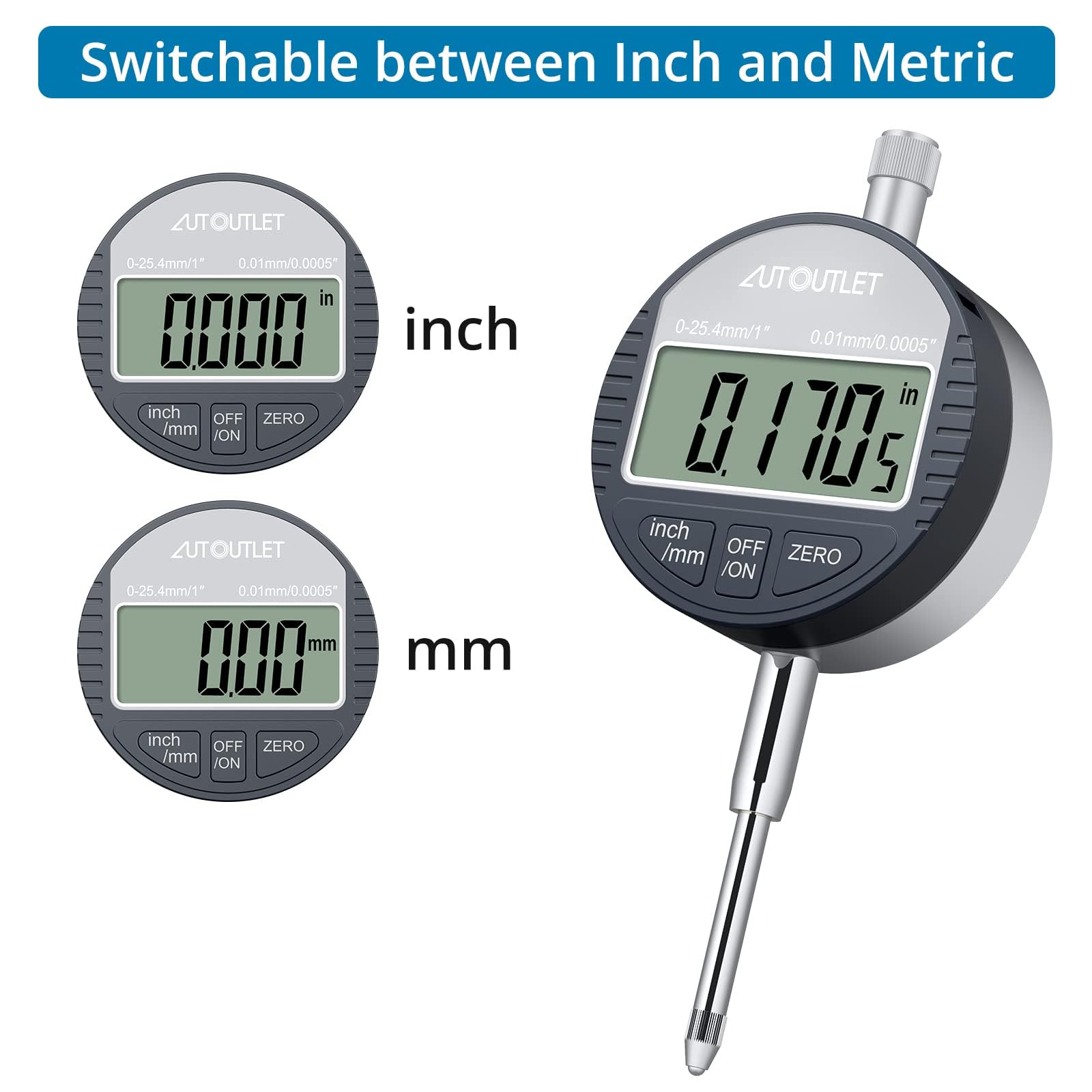 AUTOUTLET Cyfrowy wskaźnik tarczowy i podstawa magnetyczna 0-1 cal/25,4 mm 176 funtów cal/metrycznych automatyczne wyłączanie Polecane narzędzie pomiarowe