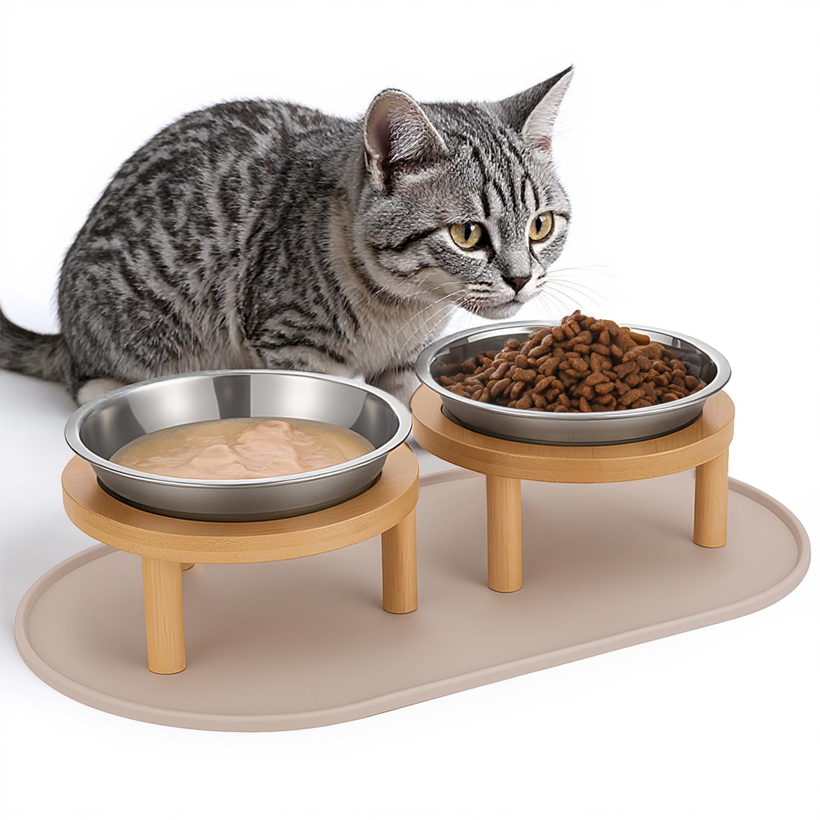 Elevated Cat Bowls with Food Mat,6.3 Inches Shallow Raised Bowls Whisker Friendly,2 Stainless Steel Cat Food and Water Dishes for Cats and Puppies,Dishwasher Safe