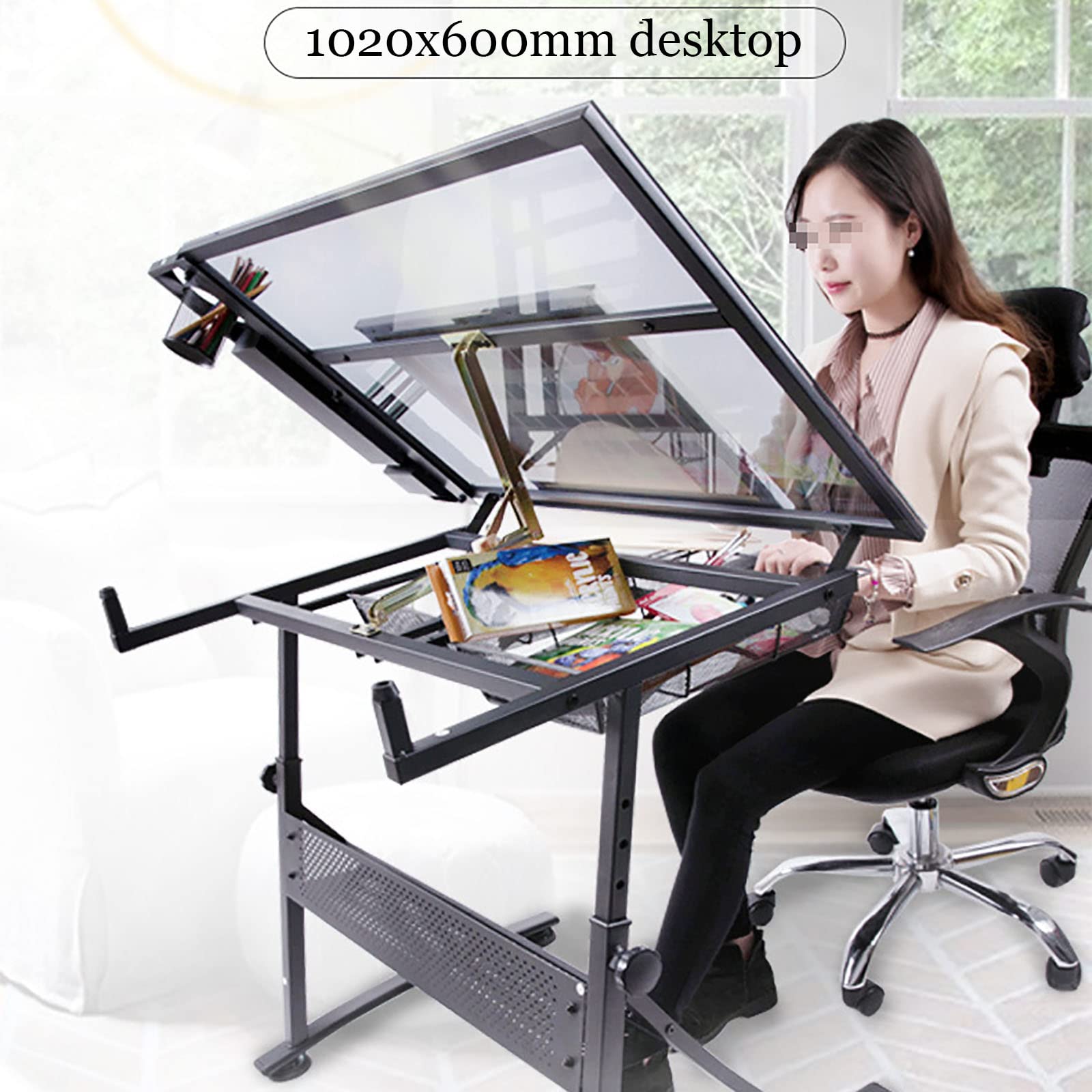 Tavolo da disegno regolabile con piano inclinato a 80° in vetro temperato per disegnare e progettare, 2 cassetti per riporre oggetti, perfetto per architetti e creativi