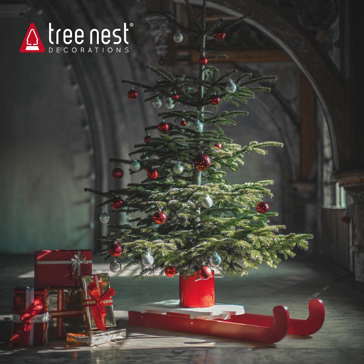 Tree Nest Christmas Tree Stand for Live Tree up to 8.5ft Combined with Sled Modern Xmas Tree Metal Holder Base for Real Tree(Traditional, Medium)