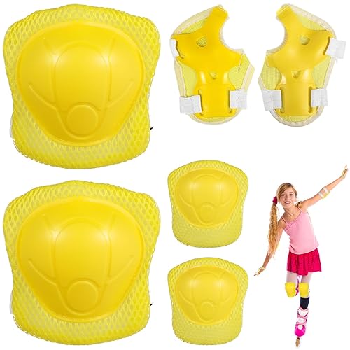 WINOMO Juego de 6 rodilleras, coderas, muñequeras para ciclismo, patinaje, deportes, almohadillas para niños y adultos, color amarillo