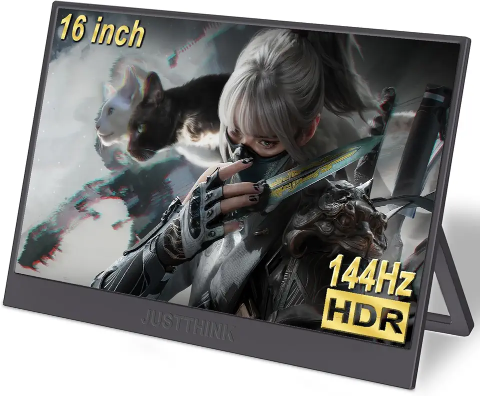 JUSTTHINK Monitor portátil de 40.6 cm para laptop, monitor de jogos 1200p 144hz para laptop, PC, PS5, Xbox Switch, tipo C e entrada miniHDMI