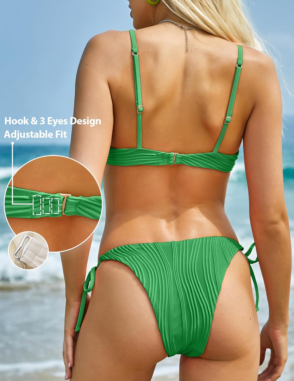 ZAFUL Women's Bikini Sets Ribbed Two Piece Swimsuits Underwire Adjustable Back Clasp Bathing Suit Side Tie Thong Swimwear - Image 4