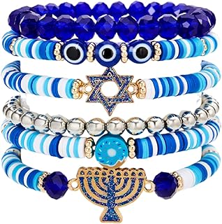 Hanukkah Bracelets Menorah Dove Star of David Evil Eye Clay Beaded Stretch Bracelets Layering Blue White Heishi Beaded Friendship Stackable Bangles for Women Men Jewish Hanukkah Holiday Jewelry
