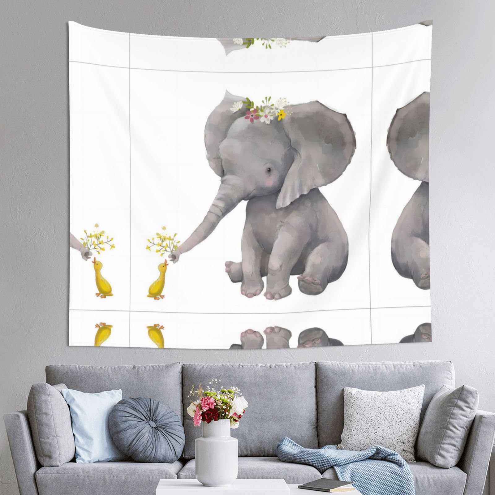 HLSBSSL 60x51in Cute Elephant with Wreath and Little Duck Printed Tapestry Tablecloth for Dormitory and Picnic Rooms - Multifunctional Fabric Hanging