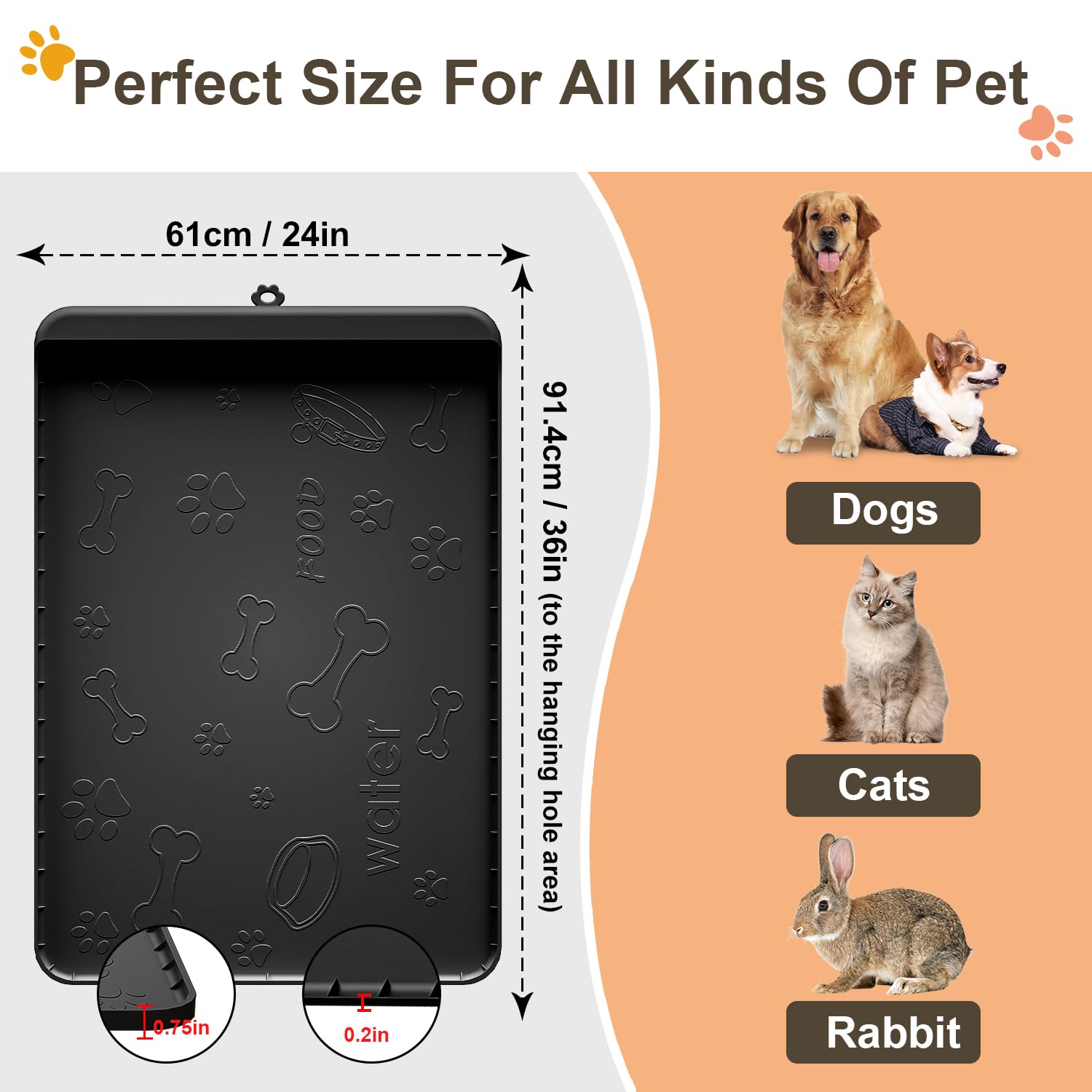 Tappetino per cibo per cani – Tappetino in silicone per cibo e acqua – 91,4 x 61 cm, grande tappetino per l'alimentazione degli animali domestici con tasca per raccolta residui, tappetino impermeabile