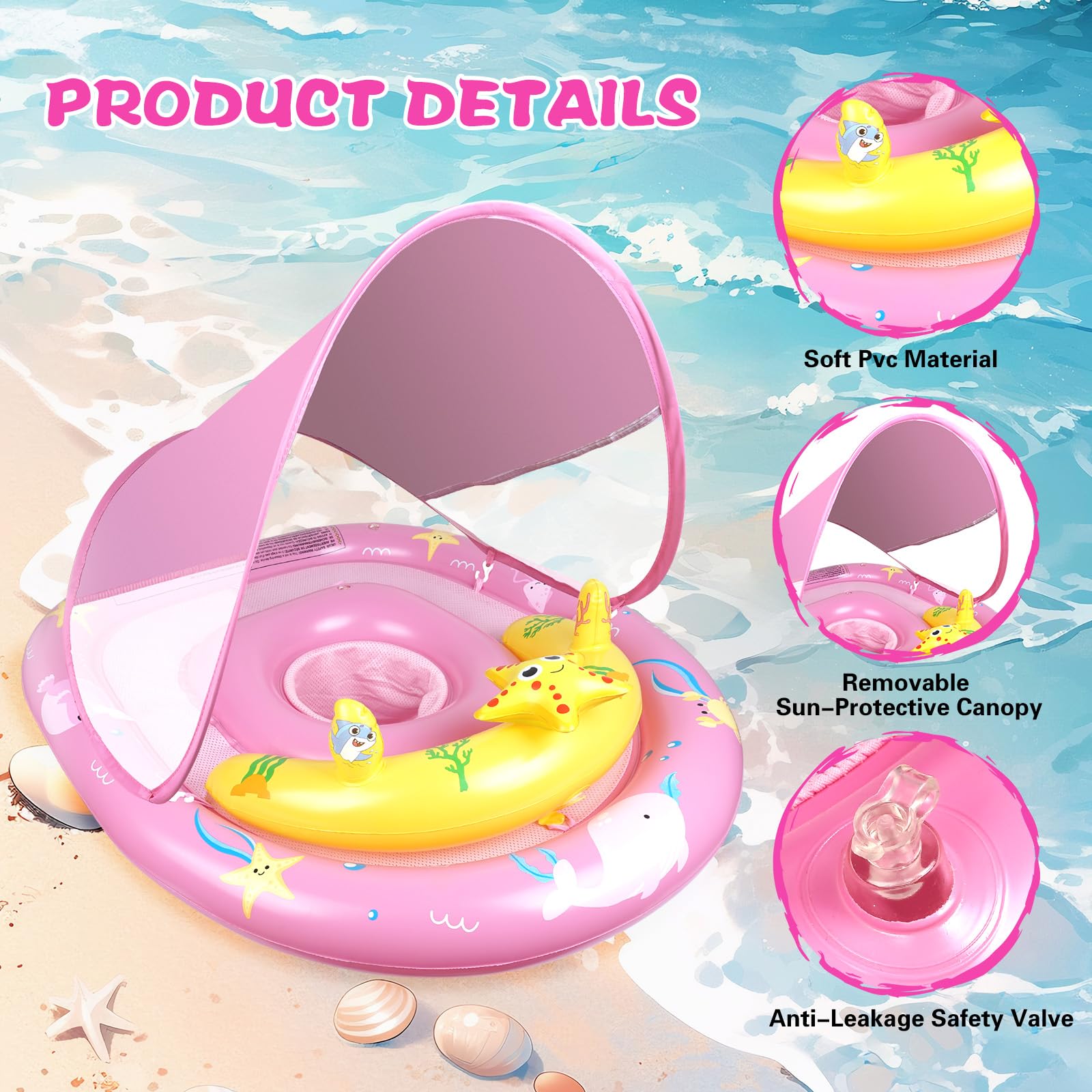 Baby Pool Float with UPF50+ Sun Canopy, Baby Swimming Float with Adjustable Safety Seat - Image 3