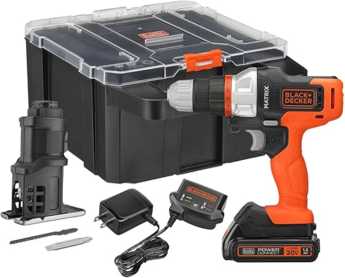 BLACK+DECKER MATRIX - Kit de taladro máximo de 20 V, incluye accesorio de sierra de calar, estuche de almacenamiento, batería y cargador