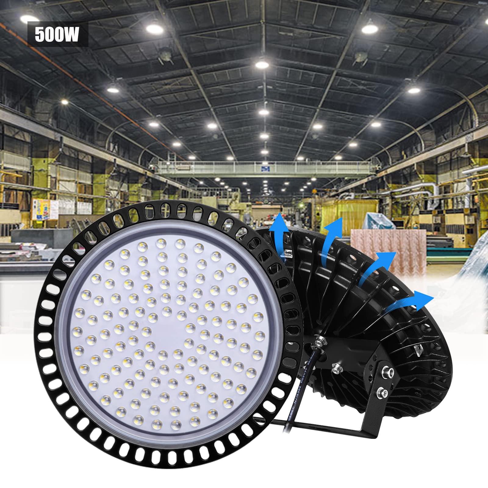 LED Strahler 500W 50000LM Hallenstrahler LED UFO Industrielampe, 6500K Kaltweiß LED Werkstatt Deckenleuchte Werkstattlampe Hallenleuchte Industrial LED High Bay Licht für Fabriken Läger Hof