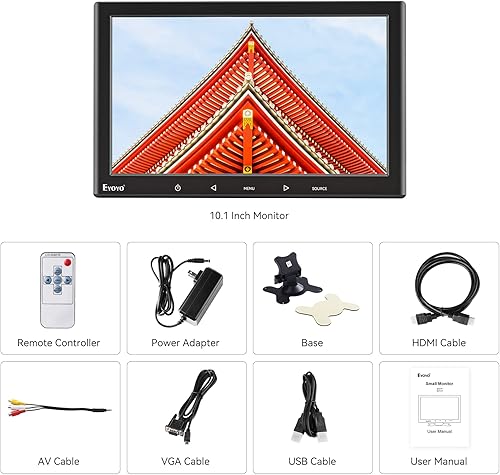 Miniatura 7 de Eyoyo Monitor Mini de 10 Pulgadas - Pantalla Pequeña de Computadora 1024x600 con Entrada HDMI Mini-VGA AV USB para Seguridad, LCD PC, Hogar