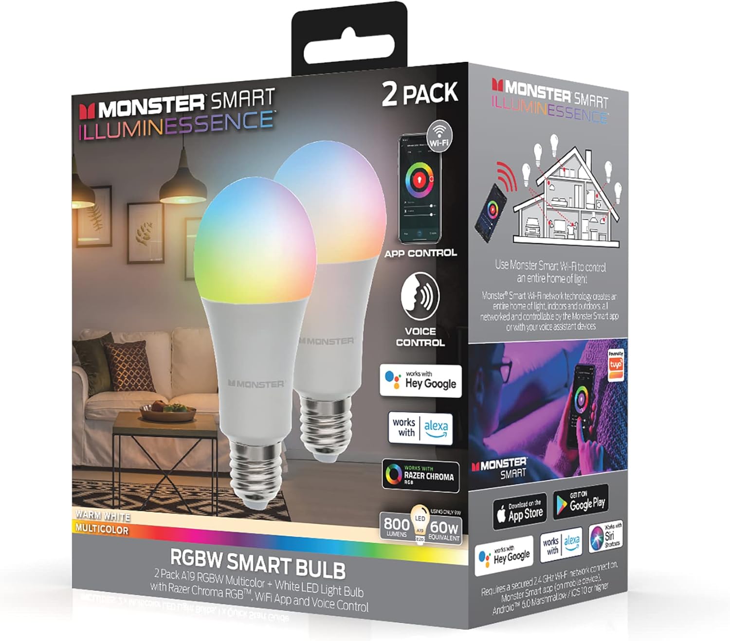 Monster Multi-Color and Warm-White LED Light Bulb, 16,000,000 Lighting Possibilities, Customizable with App, Compatible with Alexa/Siri/Google Assistant, Wi-Fi Enabled, 2-Pack, 9 Watt Monster Multi-Color and Warm-White LED Light Bulb, 16,000,000 Lighting Possibilities, Customizable with App, Compatible with Alexa/Siri/Google Assistant, Wi-Fi Enabled, 2-Pack, 9 Watt