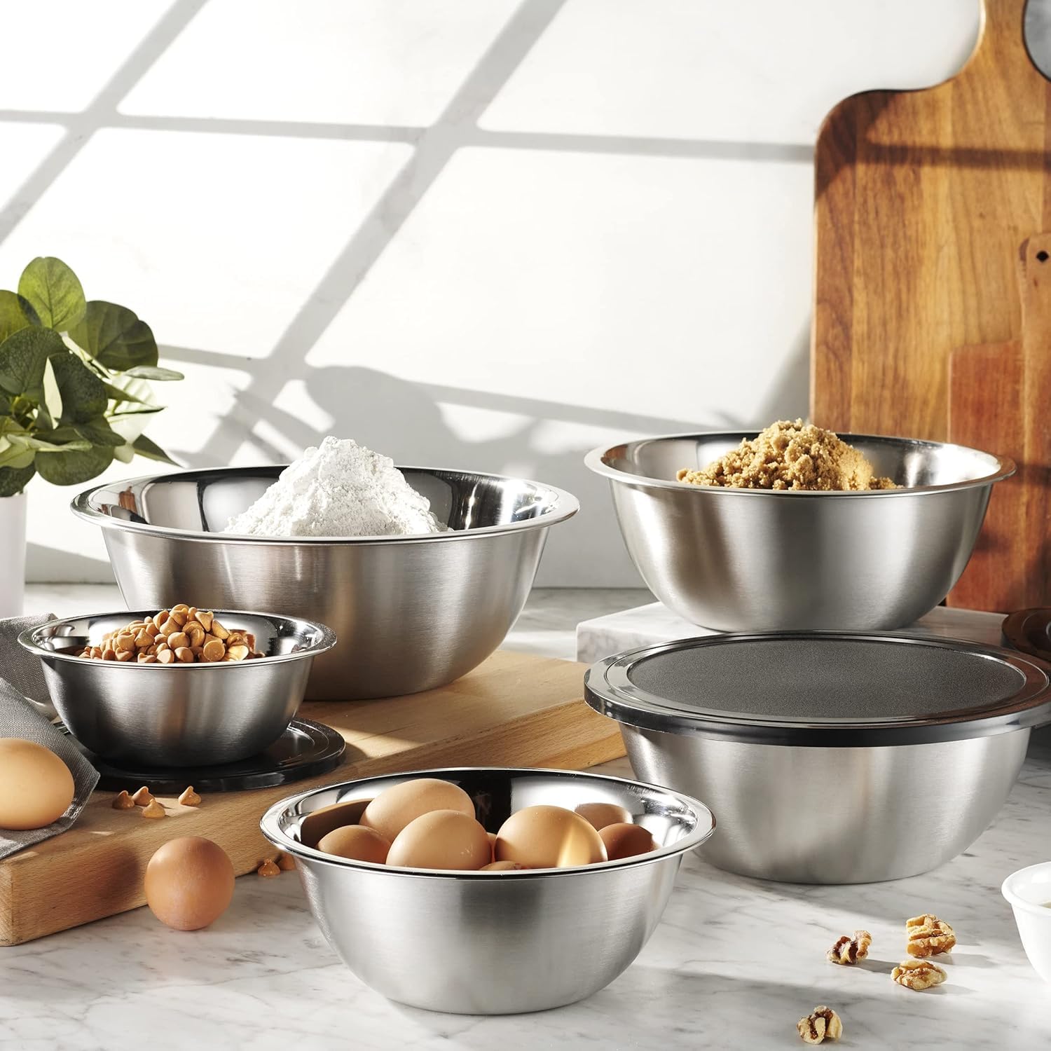 Juego de 5 cuencos de acero inoxidable para mezclar, cuencos de cocina de metal multiusos para hornear, preparar, cocinar y servir alimentos, ensaladas, verduras, tamaños 0.7, 1.5, 2, 3, 4.5