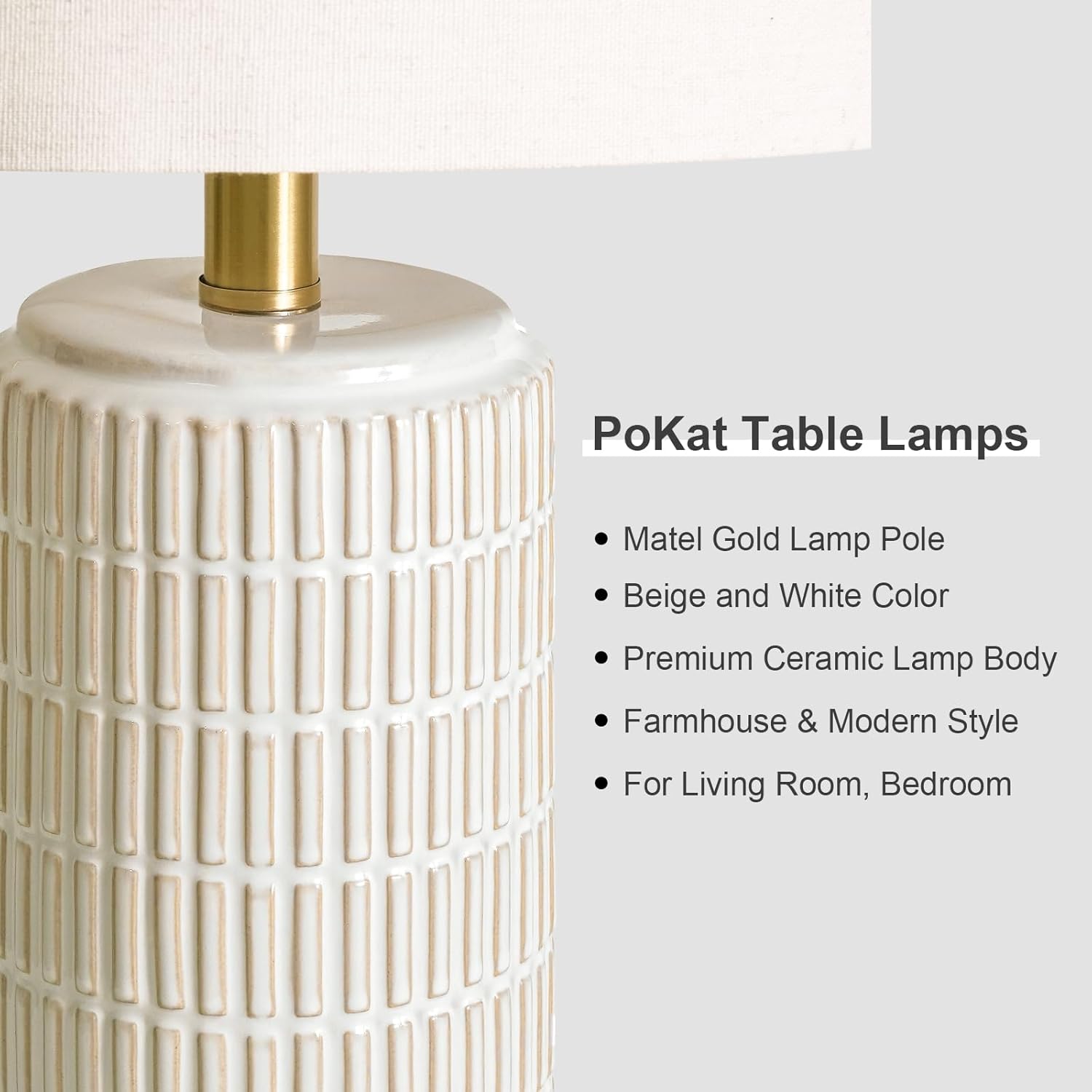PoKat Small Bedside Table Lamps Set of 2 for Bedroom Living Room, 21.5'' Modern Ceramic Nightstand Lamps with Gold Base, Farmhouse Table Lamps for Office End Side Table Console, White and Beige
