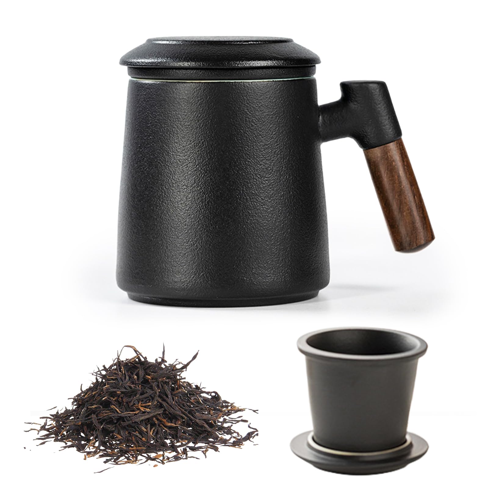 Teetasse mit Deckel und Sieb, 400 ml Holzgriff Teebecher, Matte Keramik Teetassen mit Teesieb und Deckel, Teetasse mit Teesieb für Teeliebhaber, Handgesprühte Schwarze Glasur für Tee Geschenke