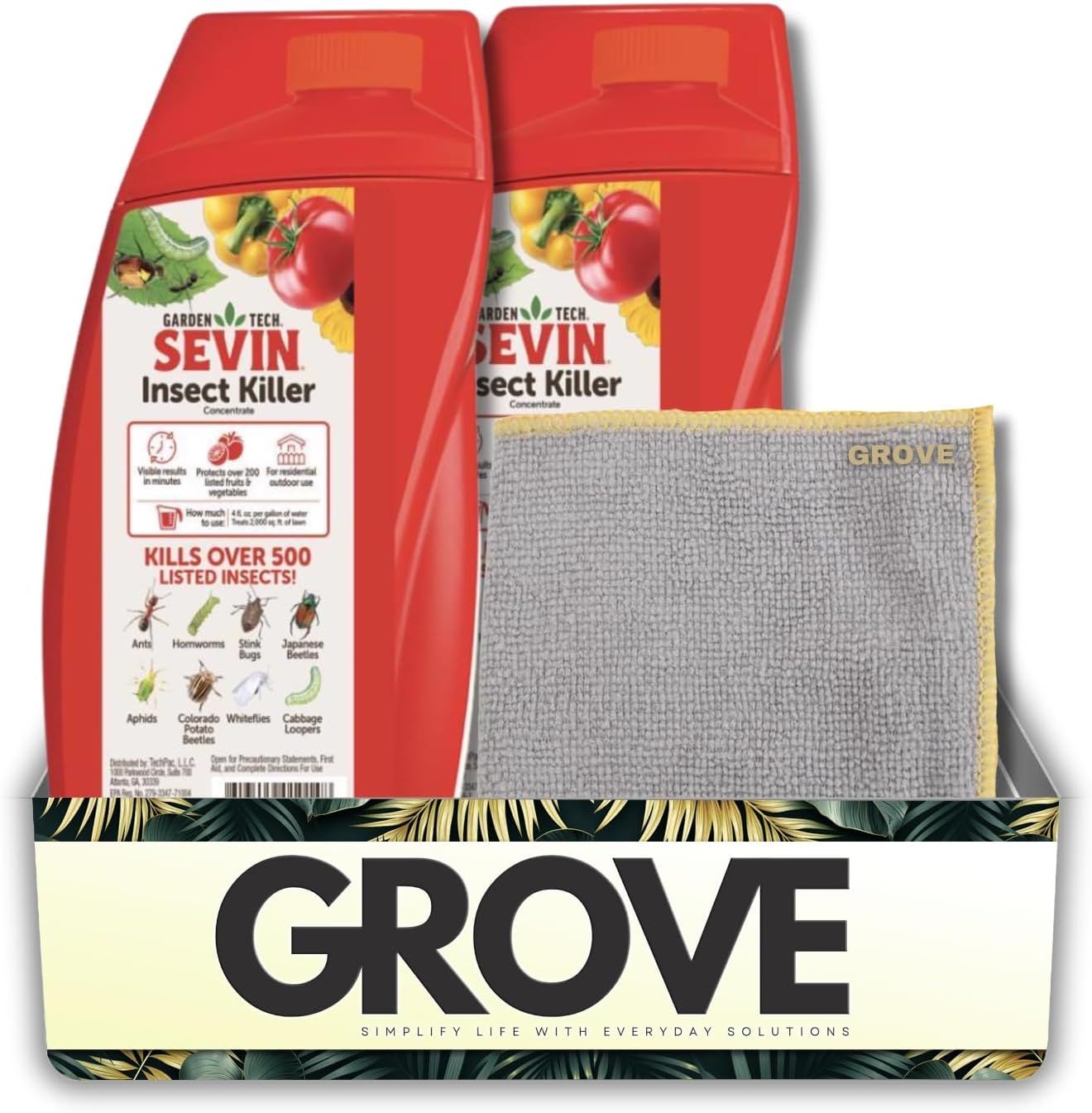 2X GardenTech Sevin Insect Control Concentrate 1 pt Liquid Bundle with Microfiber Cloth – Outdoor Insecticide Bug Control for Lawns, Gardens, and Edibles with Measuring Cap – Gift Set (3 Items)