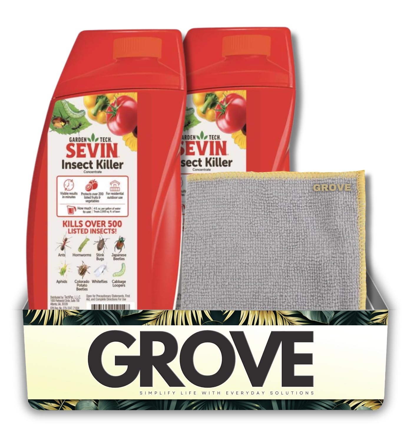 2X GardenTech Sevin Insect Control Concentrate 1 pt Liquid Bundle with Microfiber Cloth – Outdoor Insecticide Bug Control for Lawns, Gardens, and Edibles with Measuring Cap – Gift Set (3 Items)