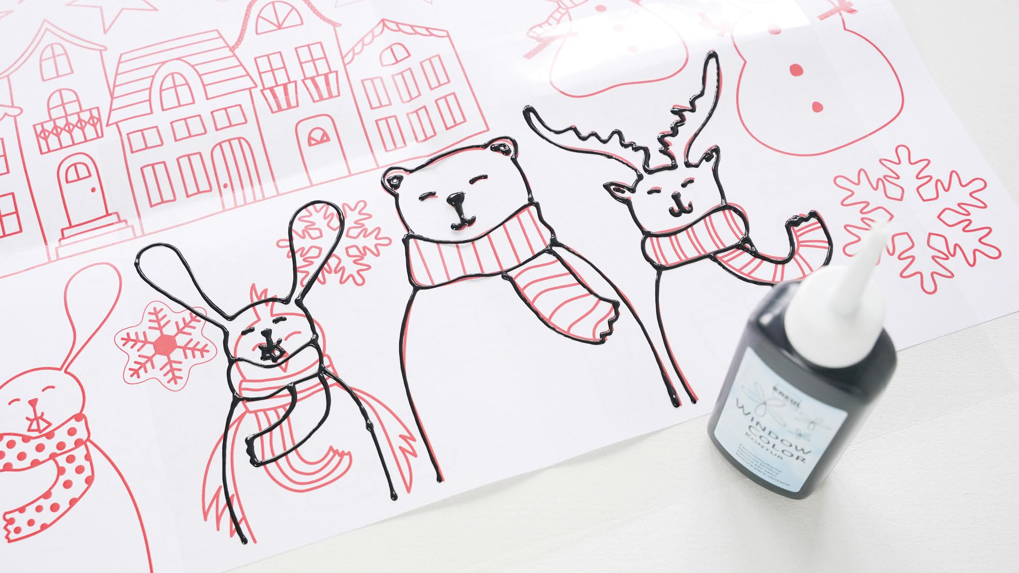KREUL 42853, Window Color Set Hello Winter, 6 x 80 ml colori per finestre, include contorno nero, set completo con colori brillanti, glitter e modelli
