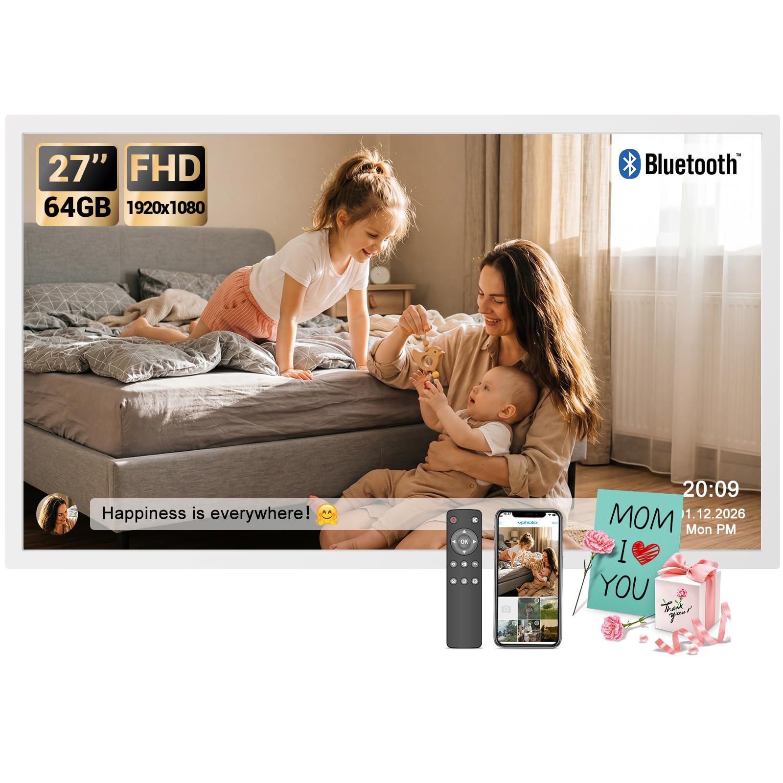 BSIMB Large Digital Picture Frame 27 Inch, 1920x1080 FHD WiFi Digital Photo Frame Electronic 32GB Display, Wall Mount Included, Share Pictures/Videos
