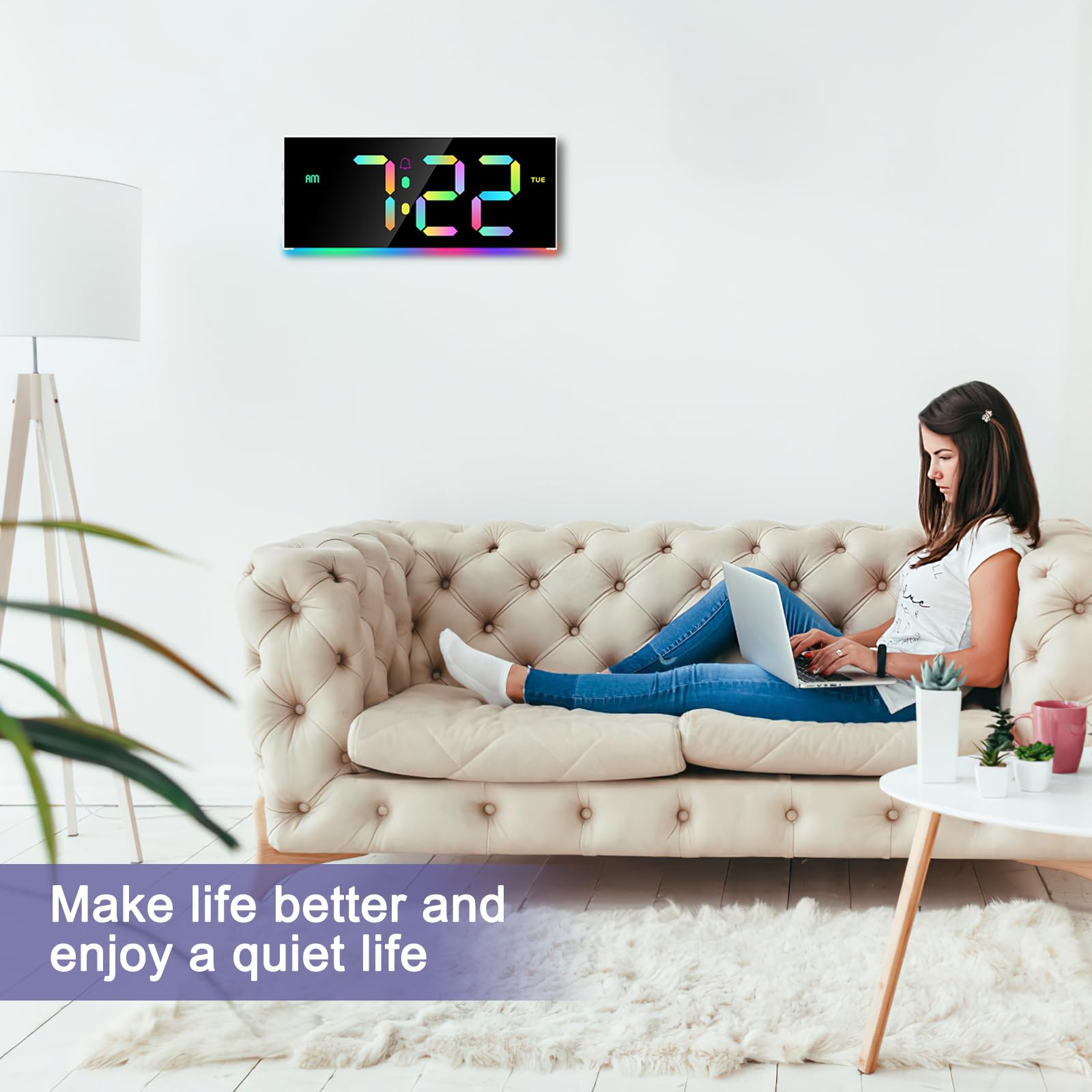 Horloge Murale, Réveil Numérique RGB Écran 12" avec Télécommande, 5 Niveaux de Luminosité, Affichage Date et Heure, Mode Nuit, Horloge Digitale pour Salon, Salle de Sport