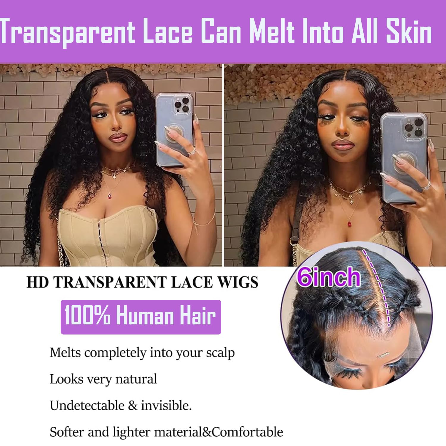 18 Inch Deep Wave Human Hair Wig For Black Women,200 Density 13X6 HD Transparent Lace Front Wigs Human Hair Pre Plucked Natural Hairline,13X6 Full Lace Frontal Curly Wigs Human Hair Can be Dyed - Image 4