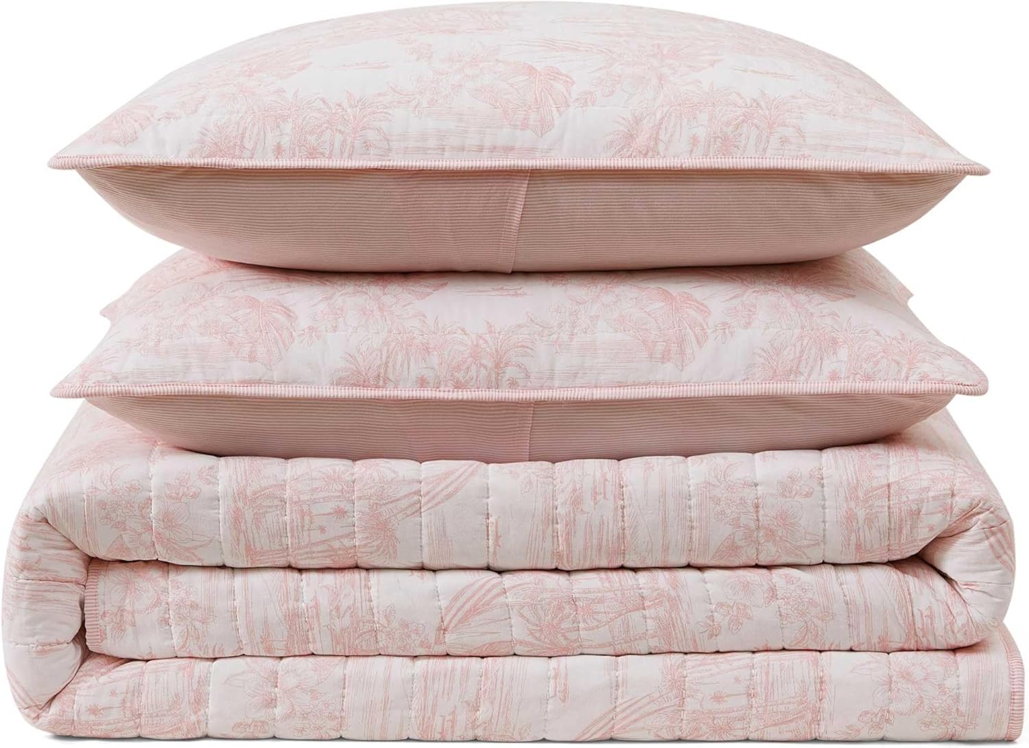 Tommy Bahama - King Quilt Set, 100% Soft Cotton Bed Set for Year Round Comfort, 3 Piece Coastal Bedding with Matching Pillowcases (Beach Bluff Toile Pink)