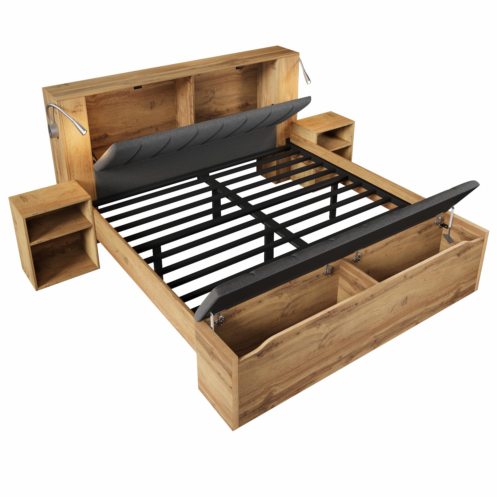 Moimhear Doppelbett, Holzbett, mit klappbarem Kopfteil aus Leinenstoff, Zwei Nachttische Bettbank mit Stauraum Leselampen, mit USB, Eiche Farbe (180x200cm)