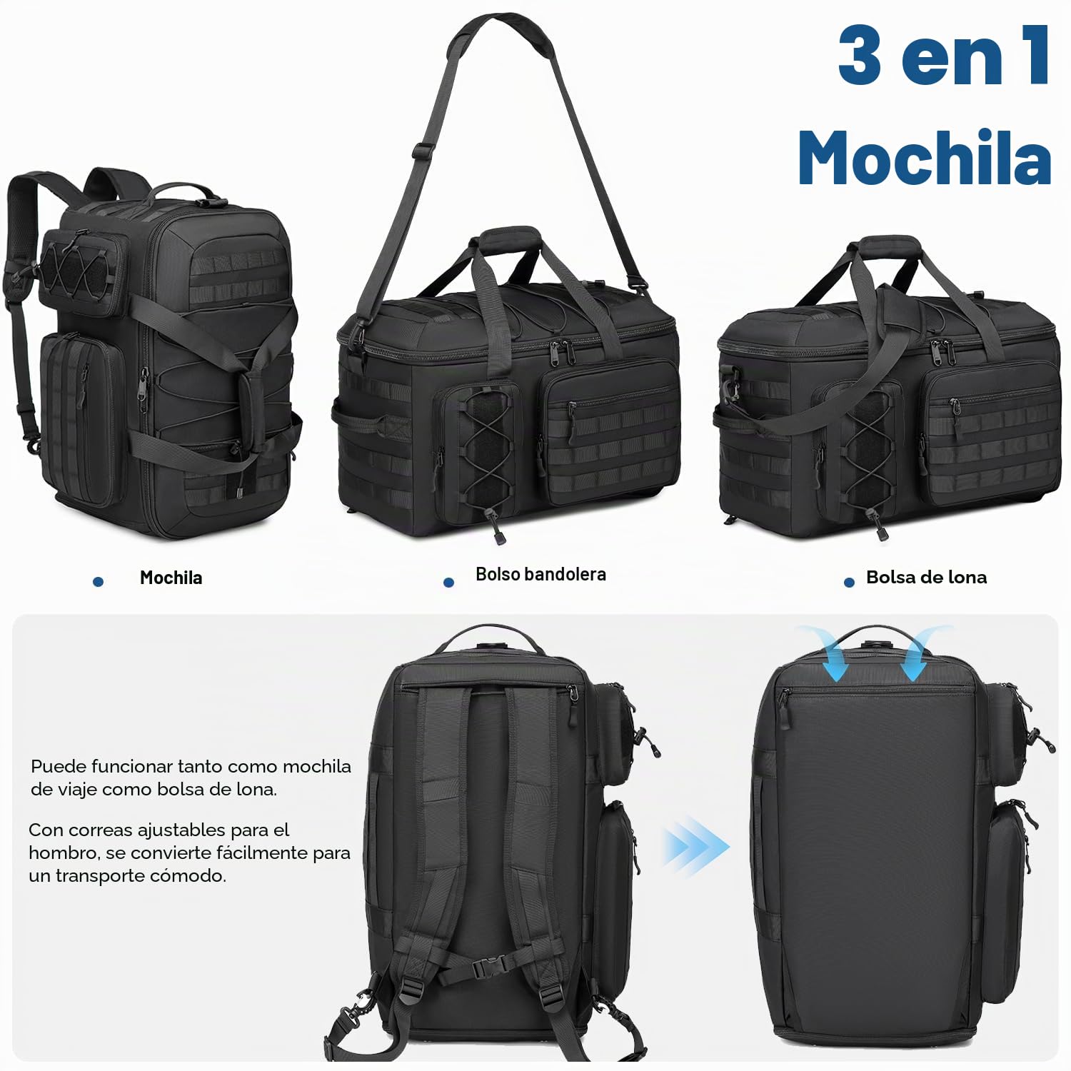 Bolsa de deporte 3 en 1 para hombre con compartimento para zapatos y función de mochila, 50 l, táctica, equipaje de mano, mochila con compartimento húmedo, bolsa de gimnasio, para