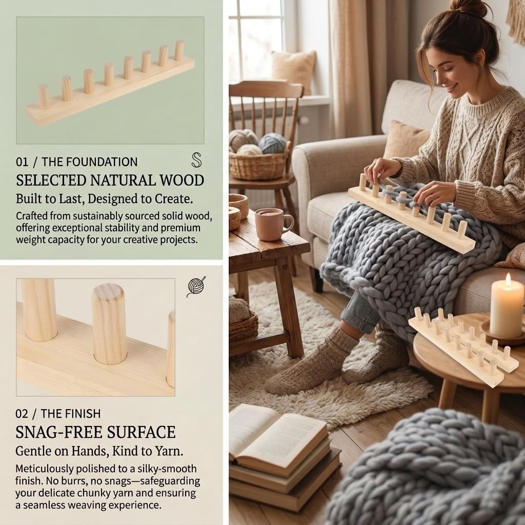 64 Inch Adjustable Wooden Chunky Blanket Knitting Loom – DIY Assembly with Wooden Dowels for Bulky Yarn, Reusable Craft Tool for Beginners & Pros, Extra Large Knitting Loom for Blankets, Throws, and S