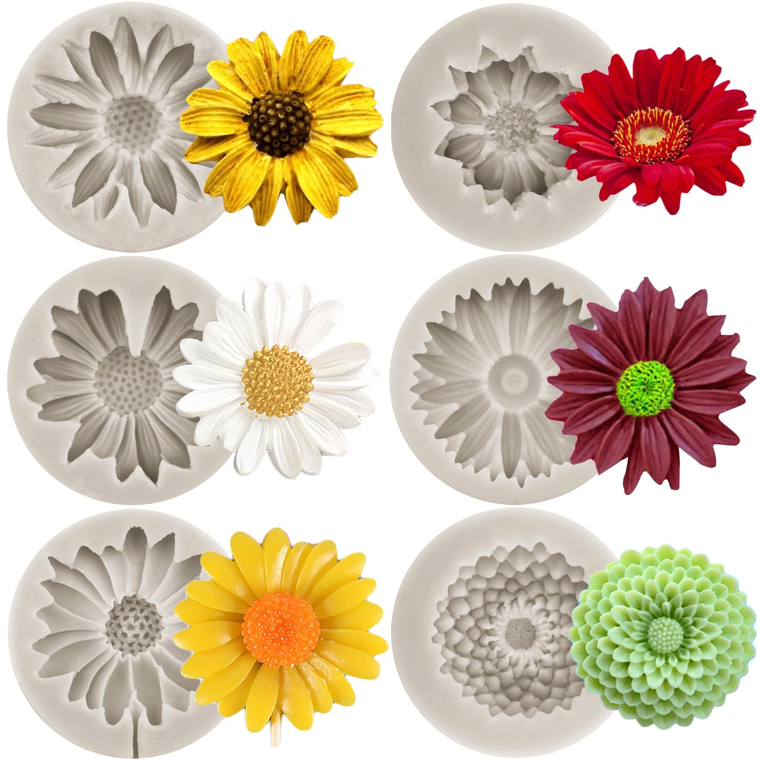 Sijiangmold Chrysanthemum Flower Silicone Molds Daisy Flower Fondant Mold Sunflower Candy Mold Flower Lollipop Mold For Cake Decorating Cupcake Topper Candy Chocolate Polymer Clay Gum Paste Set of 6