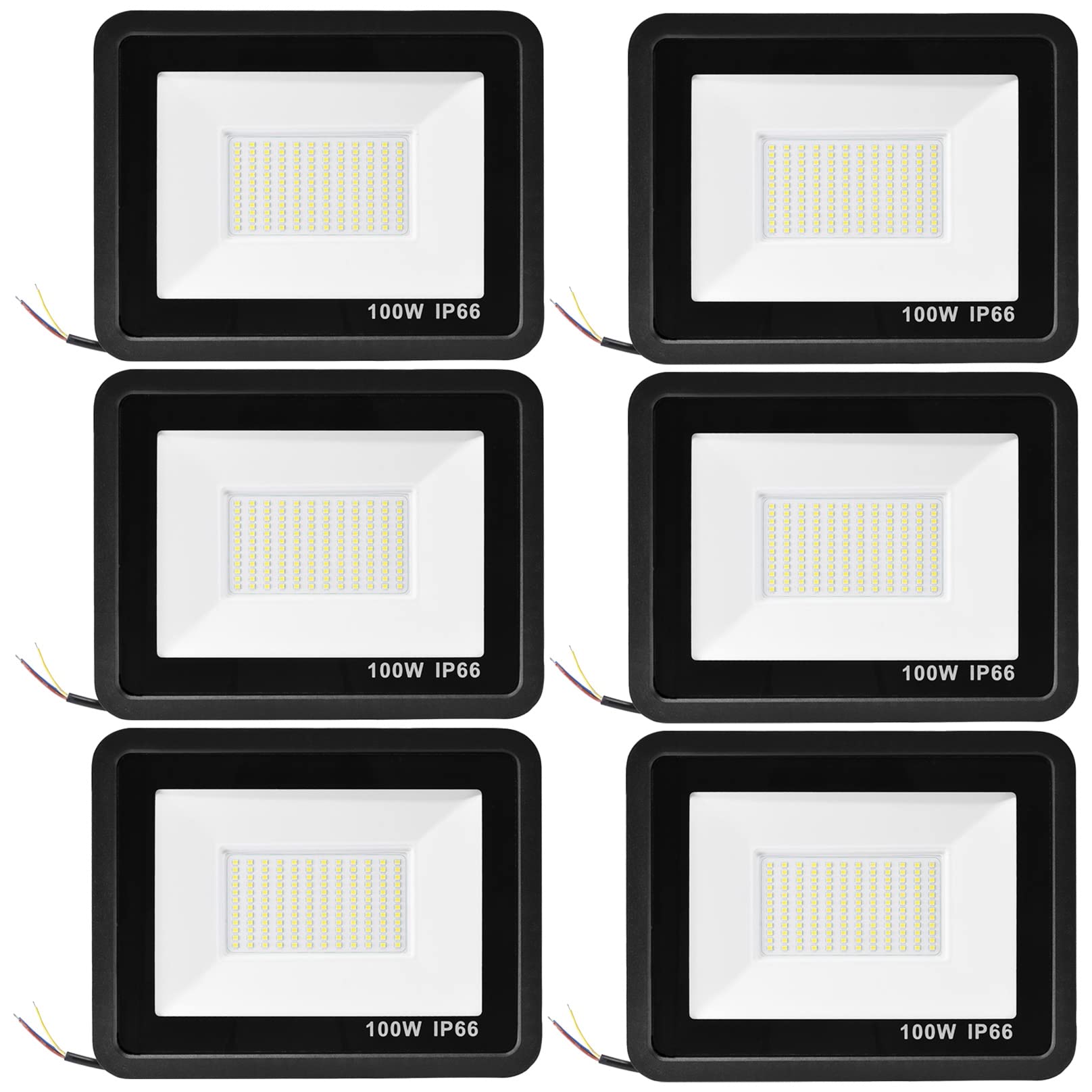 TTiiLoe 6 Pack 100W LED Floodlights for Outdoor, 6500K Cold White LED Security Lights IP66 Waterproof Exterior Flood Lighting, 7000Lm Garden LED Wall Light for Yard Patio Parking Lot Street Porch