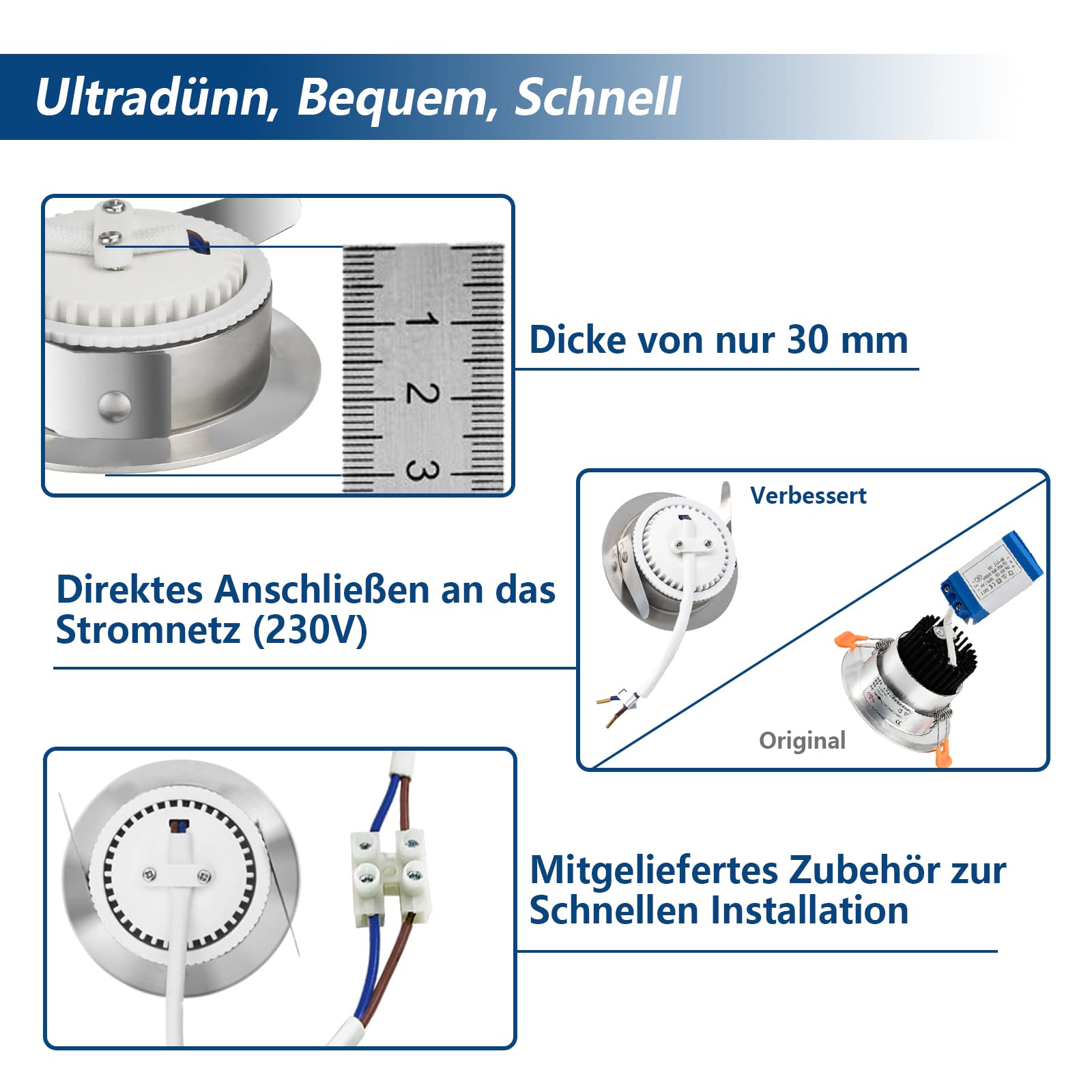 HiBay Einbaustrahler LED Flach 7W LED Spot Badezimmer IP44 Deckenspots Rund Matt Nickel 6000K Kaltweiß Einbauleuchten 850lm 10er Set