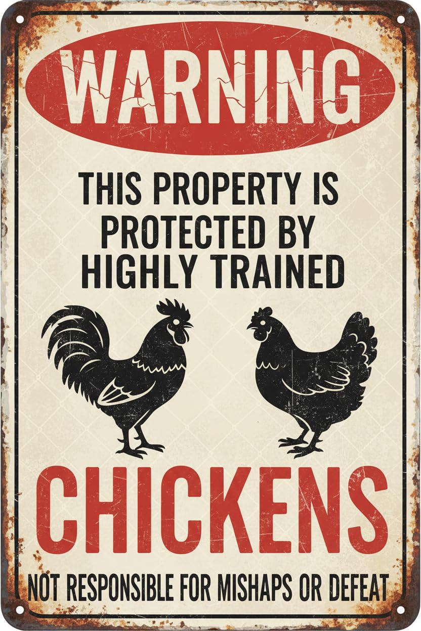 Protected By Highly Trained Chickens Tin Sign, 8x12 Inch