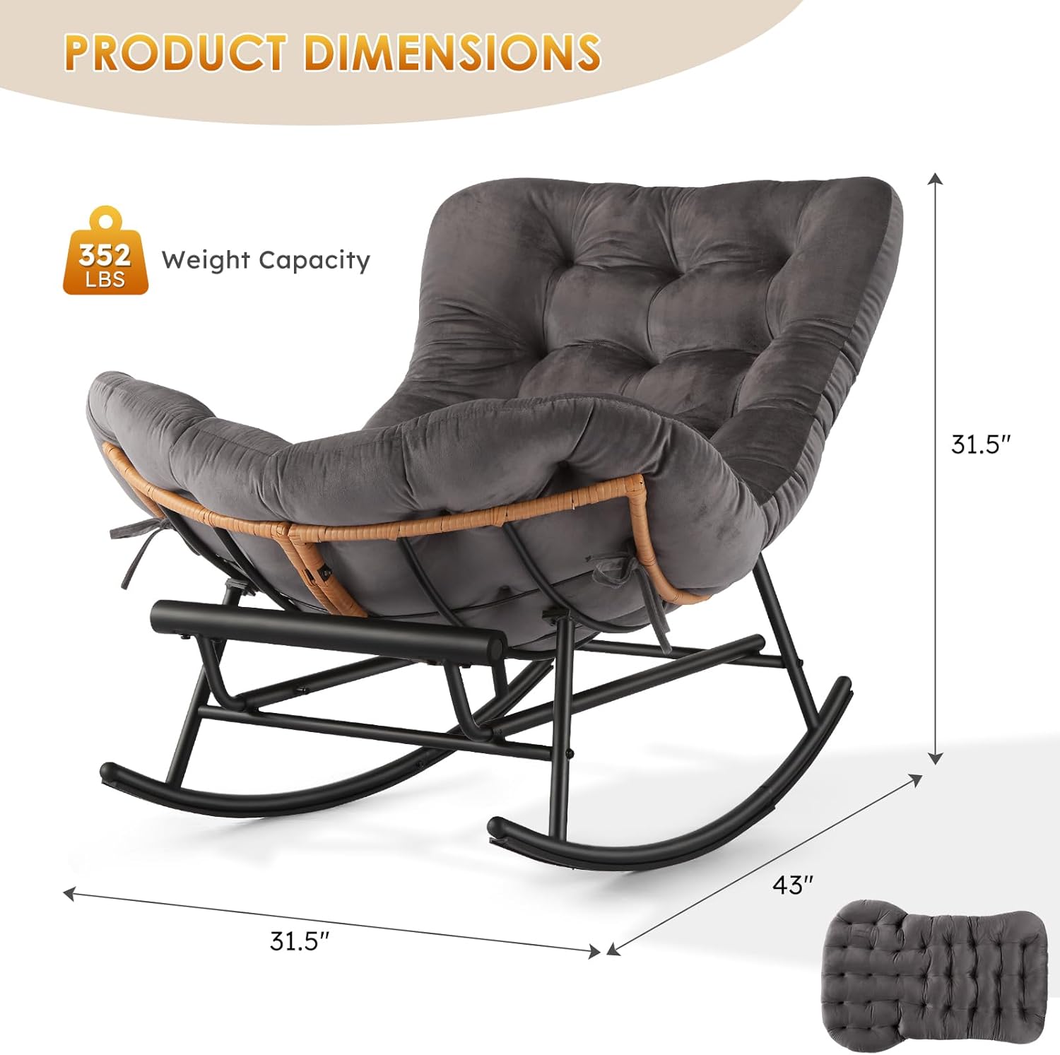 GarveeLife Rocking Chair, Papasan Chair with Detachable Flannel Cushion & Extendable Footrest, Comfy Rattan Rocking Chair for Porch Lawn Bedroom Living Room (Dark Grey)