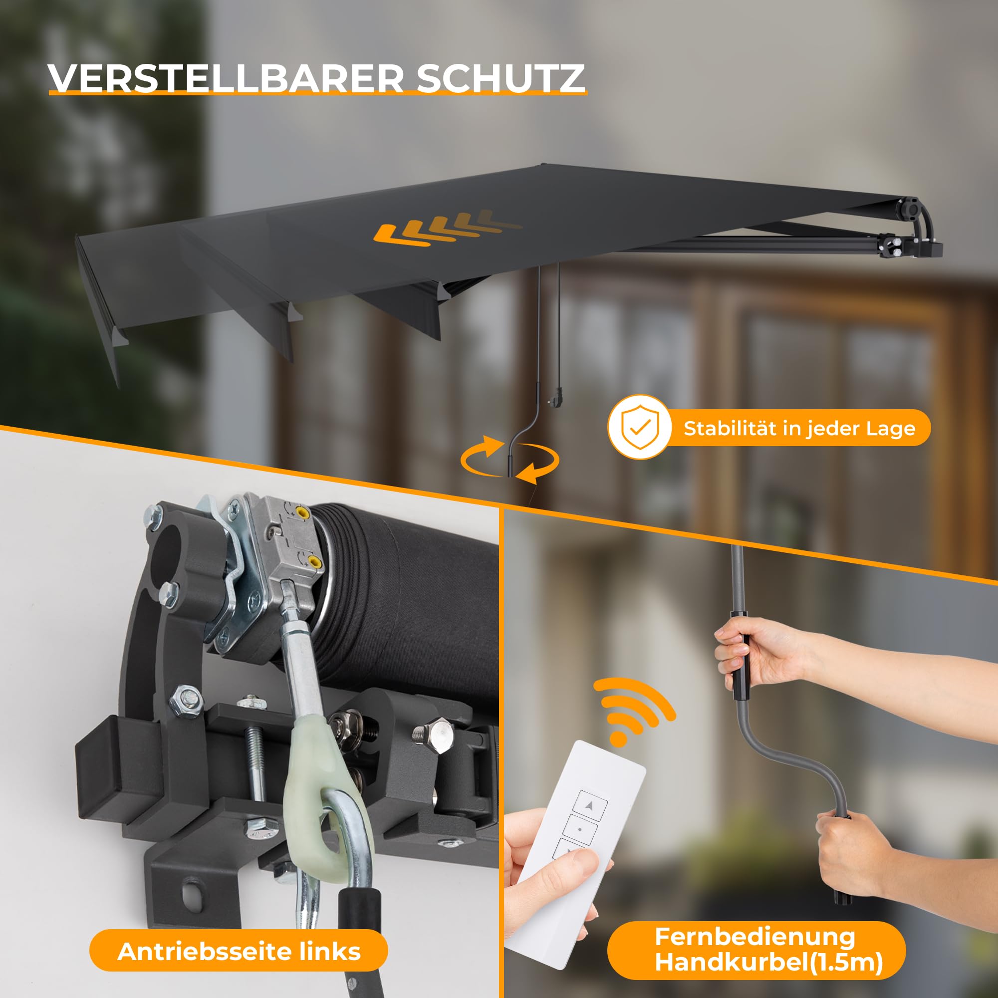 HOMEDEMO Markise Elektrisch mit Fernbedienung Gelenkarmmarkise (300 x 250cm) Anthrazit mit Handkurbel, Terrassenmarkise Balkonmarkise Sonnenschutz und wasserdicht, inkl. Wandhalterung