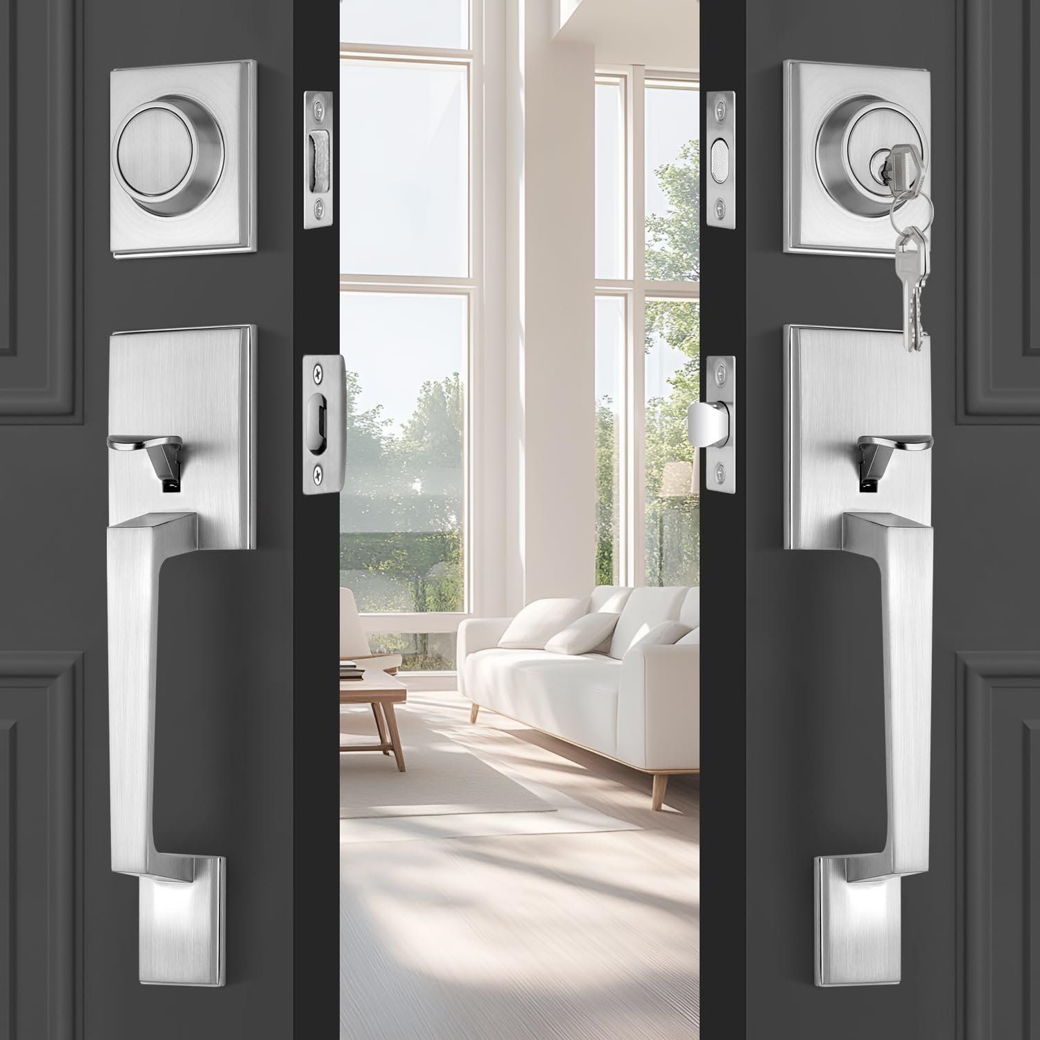 EHOMEWARE 1 Pack Satin Nickel Double Front Door Lock Set, Exterior Door Lock Set with Dummy, Double Entry Door Handle with Deadbolt, Heavy Duty French Door Handle Set, Left & Right Reversible