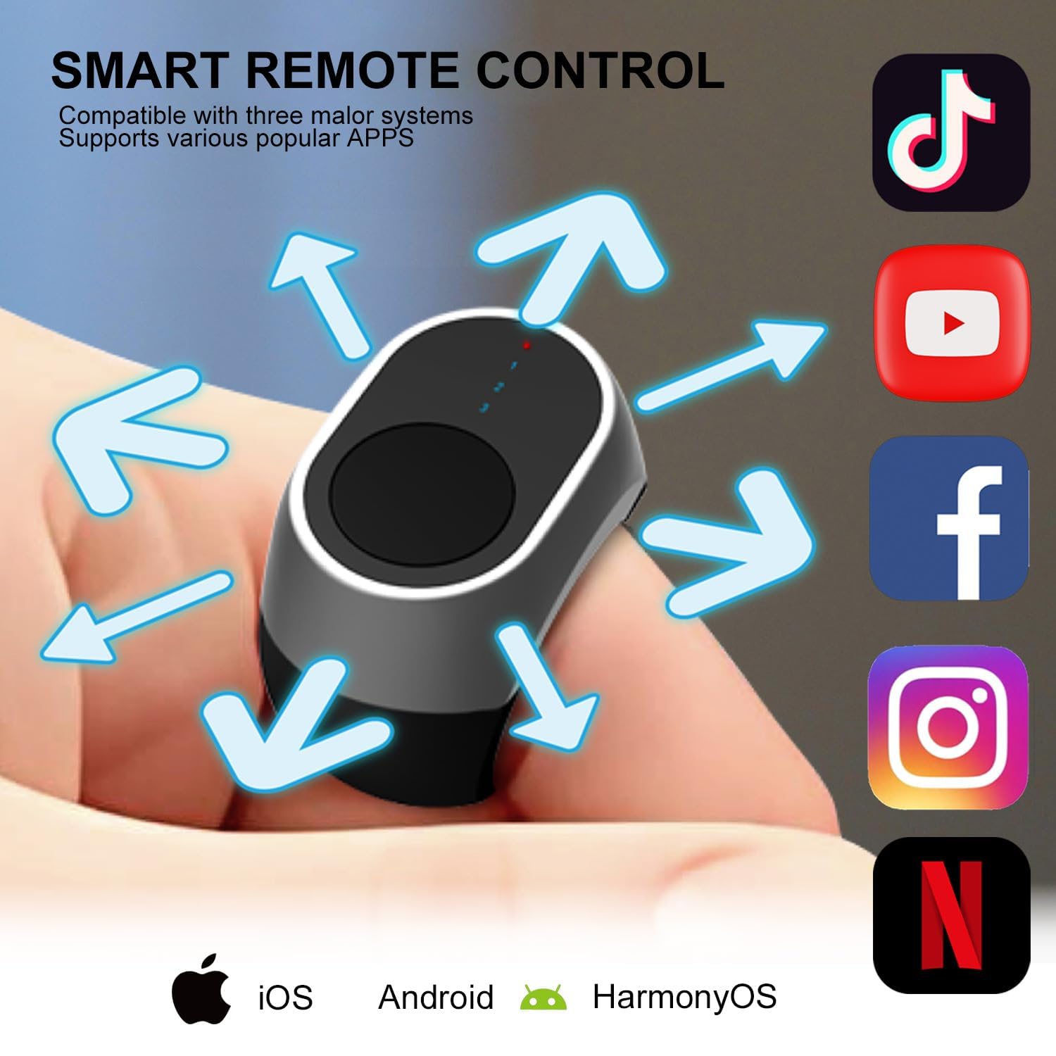 Fingertip Wireless Bluetooth Remote Control, Desiontal 2026 Upgrade Scrolling Ring for YouTube TikTok Video Landscape Portrait, Page Turner Compatible with Kindle iPhone iPad Android Phone Tablet ipad — view 3