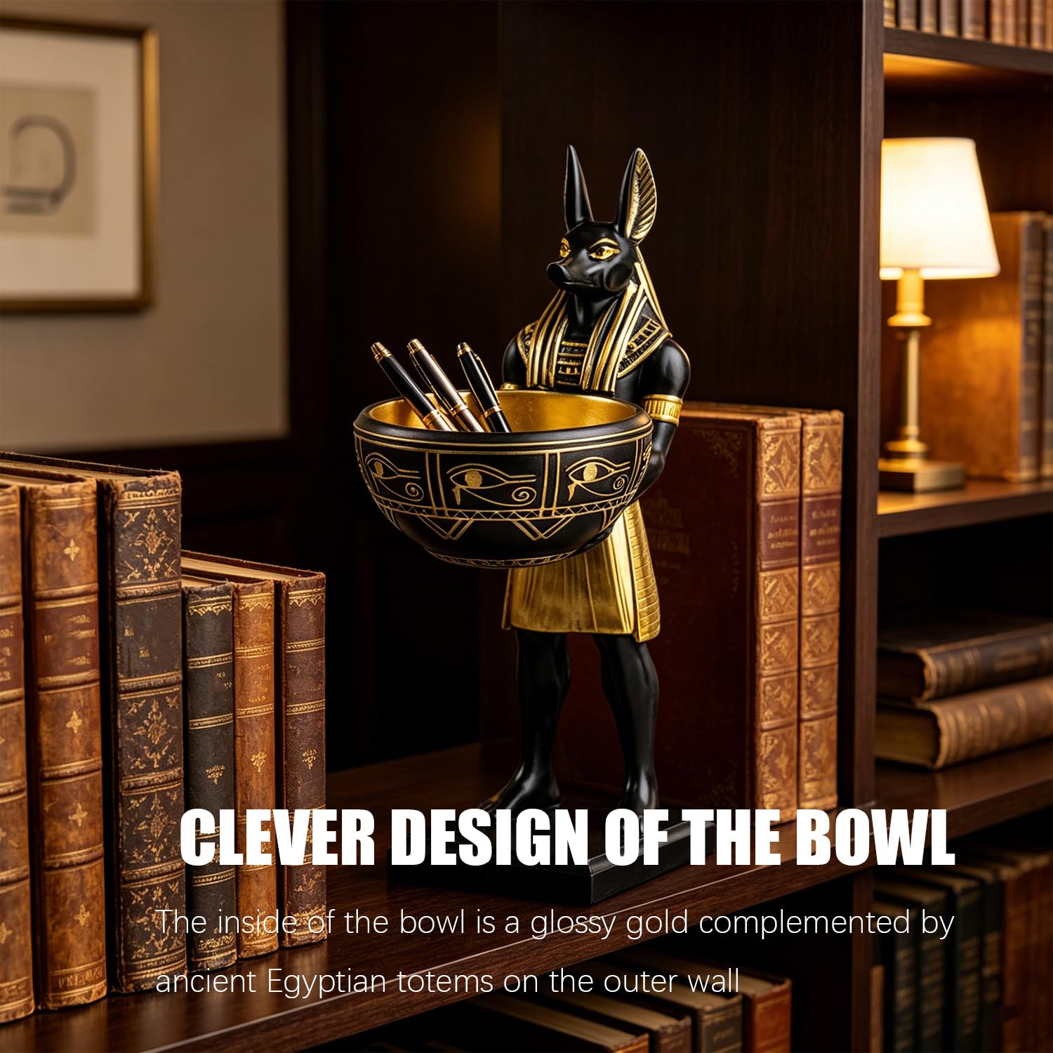 Statue égyptienne d'Anubis en résine avec bol de rangement, figurine décorative mythique noire et dorée, 25 cm de haut, organiseur multifonction pour clés, stylos et petits objets