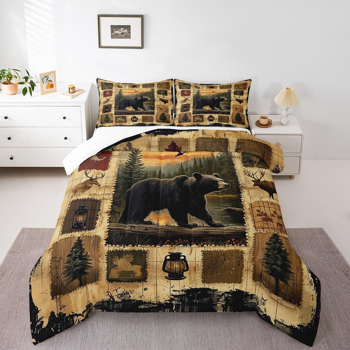 Feelyou Bear Comforter Set Twin Size Wild Animal Comforter for Boys Girls Teens Rustic Cabin Country Bedding Set Nature Wildlife Duvet Set Room Decor Forest Quilt Set