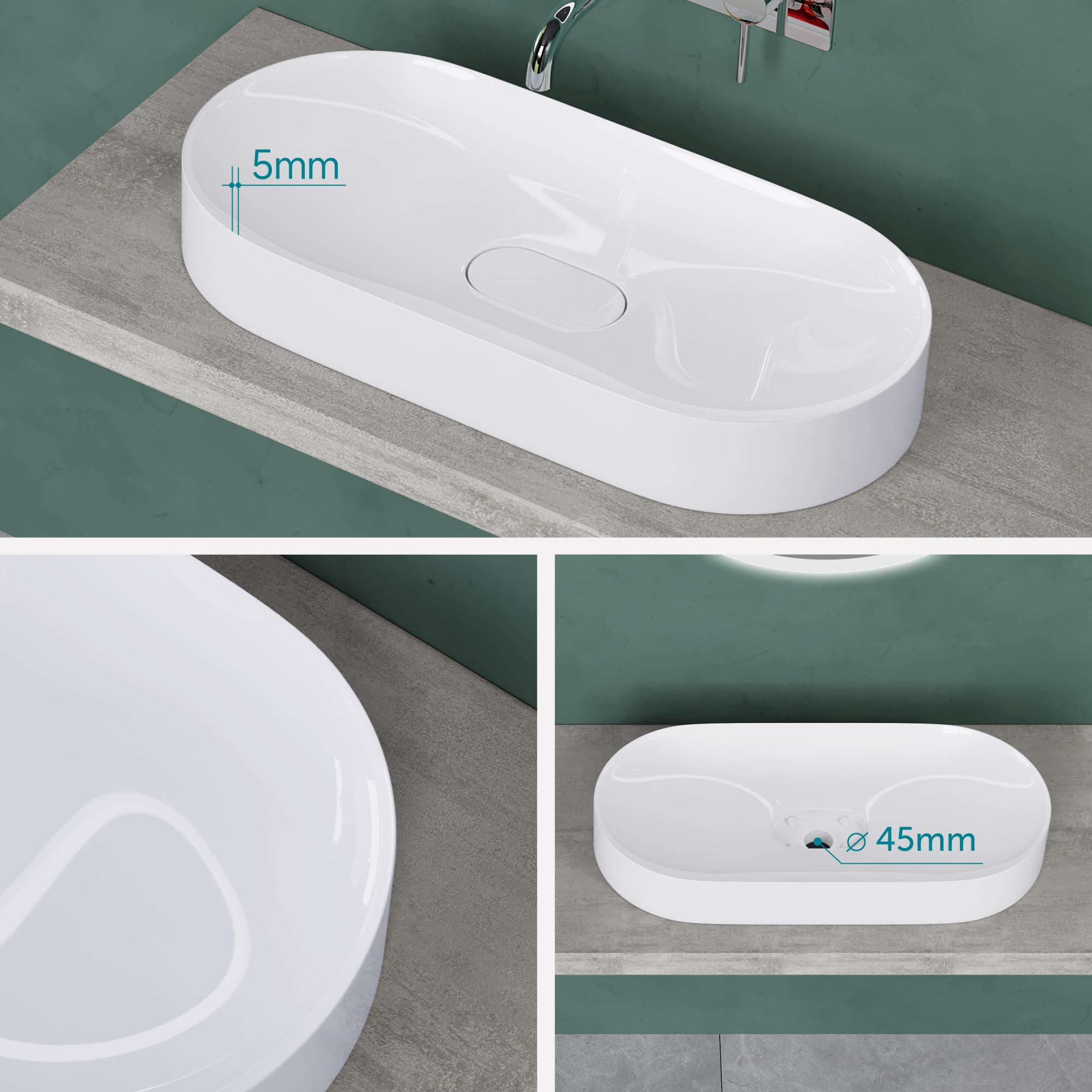 Mai & Mai Lavabo da Appoggio 70x35.5x10cm, Lavandino Bagno Colossum826 Lavabo da Marmo Fuso, Bianco Lucido