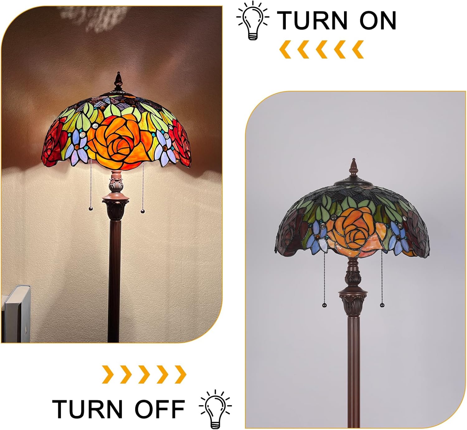 Capulina Tiffany Lamp Stained Glass Floor Lamp 2-Light 16 Inches Wide Yellow Red Rose Tiffany Style Standing Reading Floor Lamp for Living Room Bedroom Home Office