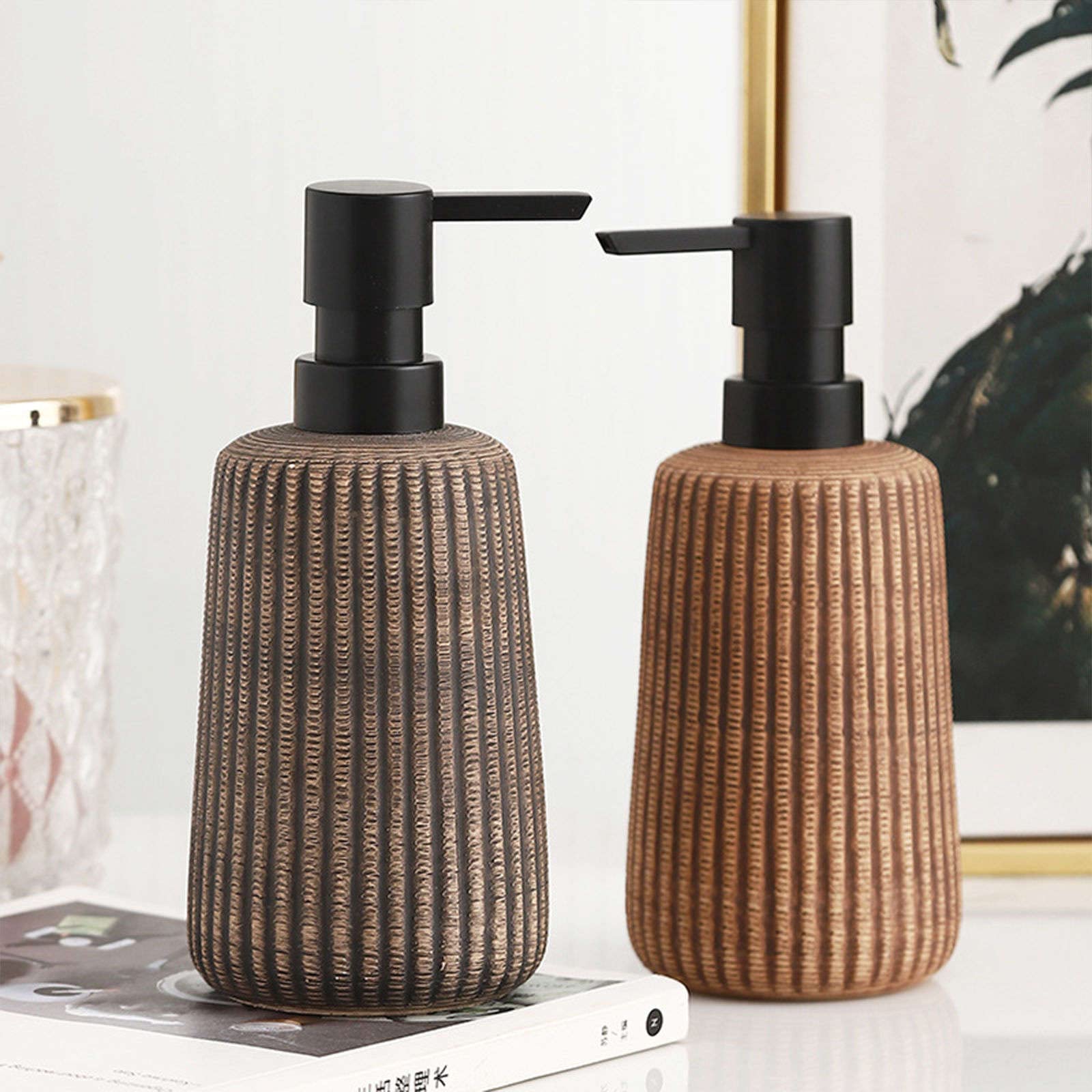 dispenser per sapone, Distributore di sapone, distributore lozione in ceramica, for le mani, ricaricabile - bagno cucina marrone chiaro 400 ml/14 oz