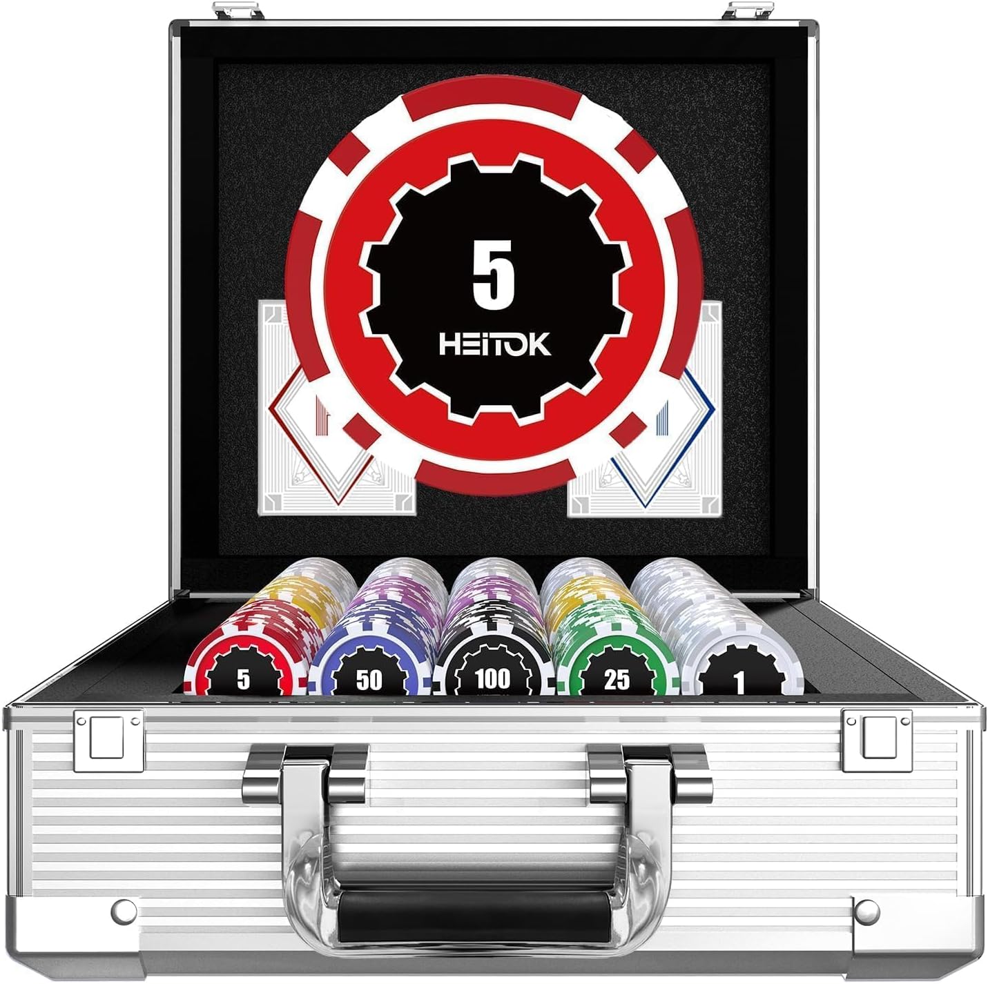 HEITOK 600 Piece Poker Chip Set 11.5g Heavyweight Iron Core Chips with Denominations Aluminum Case 2 Decks Cards Dealer Buttons Professional Texas Holdem Blackjack Gambling Set for Adults