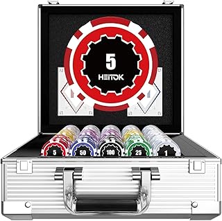 HEITOK Casino Poker Set 600 Chips mit Werten 11,5g | wasserdichte Spielkarten im Aluminiumkoffer | Für Texas Hold'em & Blackjack | Professionelles Kartenspiel