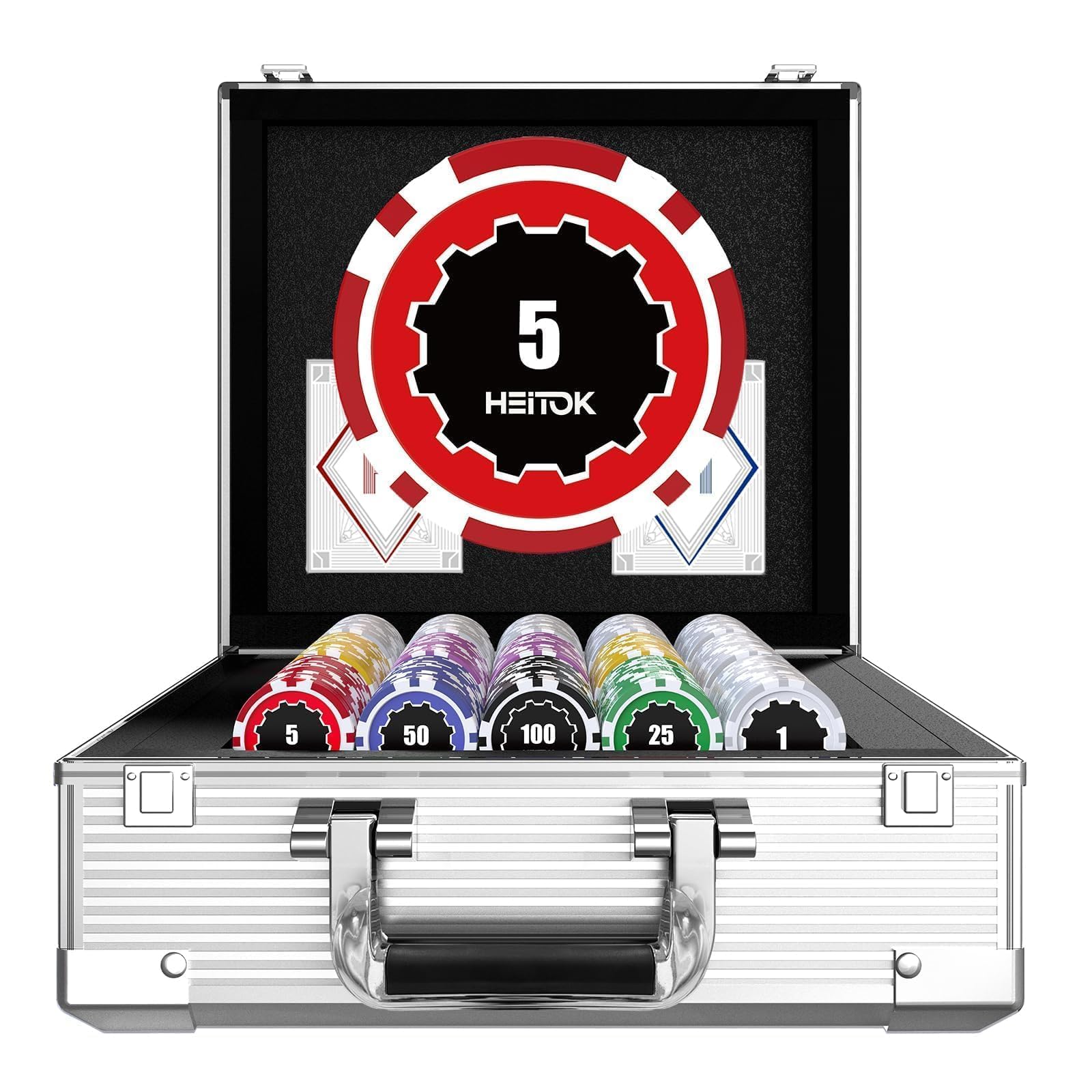 HEITOK Poker Chip Set 600 Pieces 11.5g Weighted Numbered Chips with Aluminium Case 2 Decks of Cards Dealer Small Big Blind Buttons for Texas Holdem Blackjack Casino Night