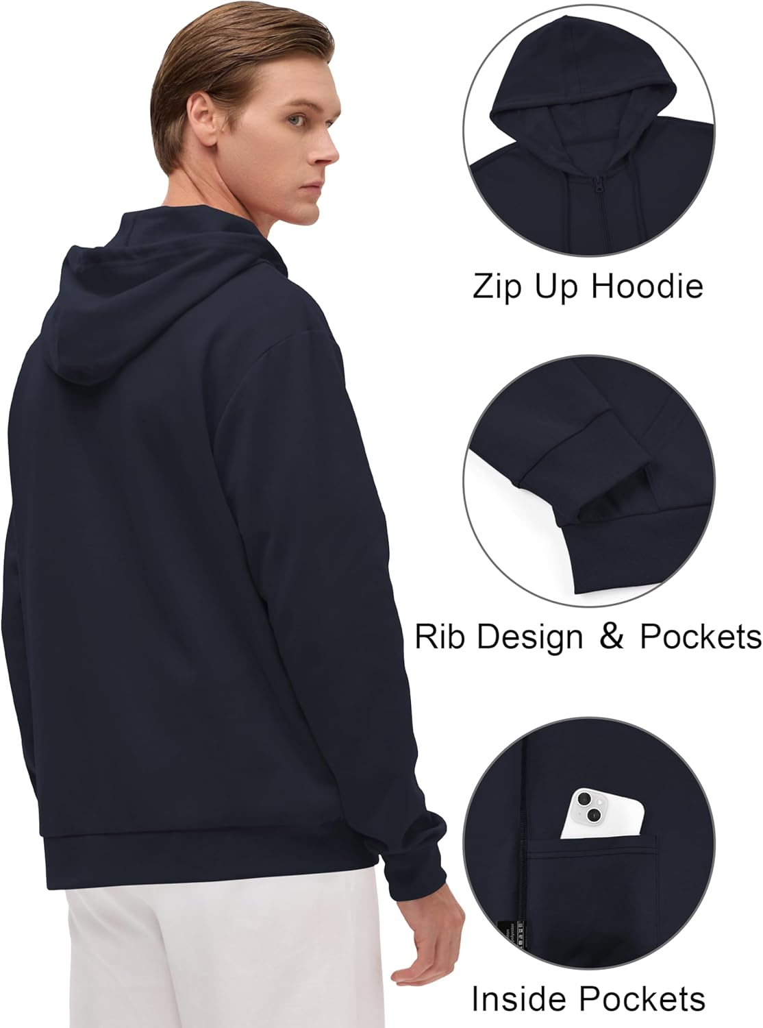 Men's Lightweight Zip Up Hoodie Long Sleeve Sweatshirt Athletic Slim Fit Basic Jacket with Pockets(Regular & Tall)(Dark Navy 2XL Tall) - Image 2