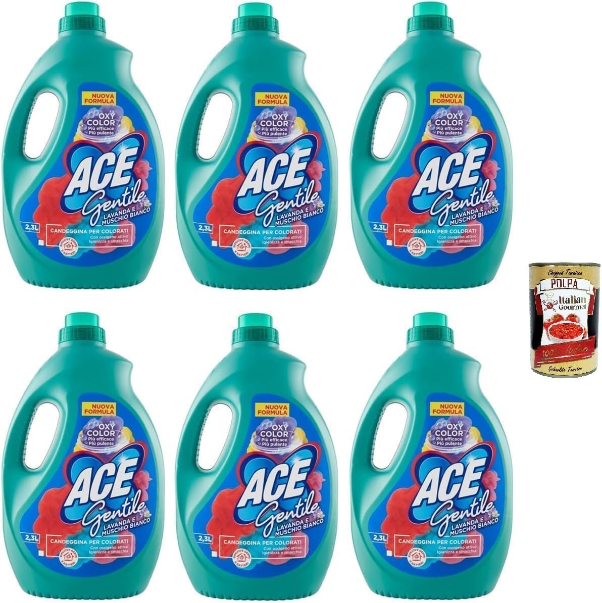 Ace Gentile Candeggina per Colorati, Bleichmittel für Farben – Lavendel und Weißer Moschus Wirksam Gegen Flecken 6x 2300ml + Italian Gourmet polpa 400g