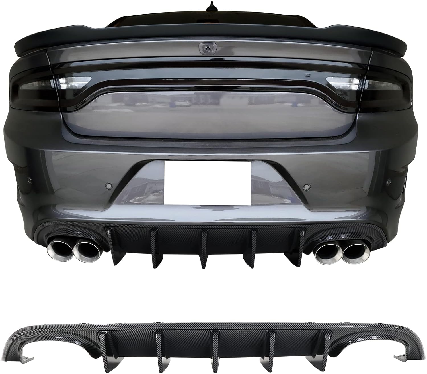 IKON MOTORSPORTS, Rear Bumper Diffuser Compatible with 2015-2023 Dodge Charger, IKON V1 Style Carbon Fiber Print PP Quad Exhaust Rear Diffuser Lip Shark Fins, 2016 2017 2018 2019 2020 2021