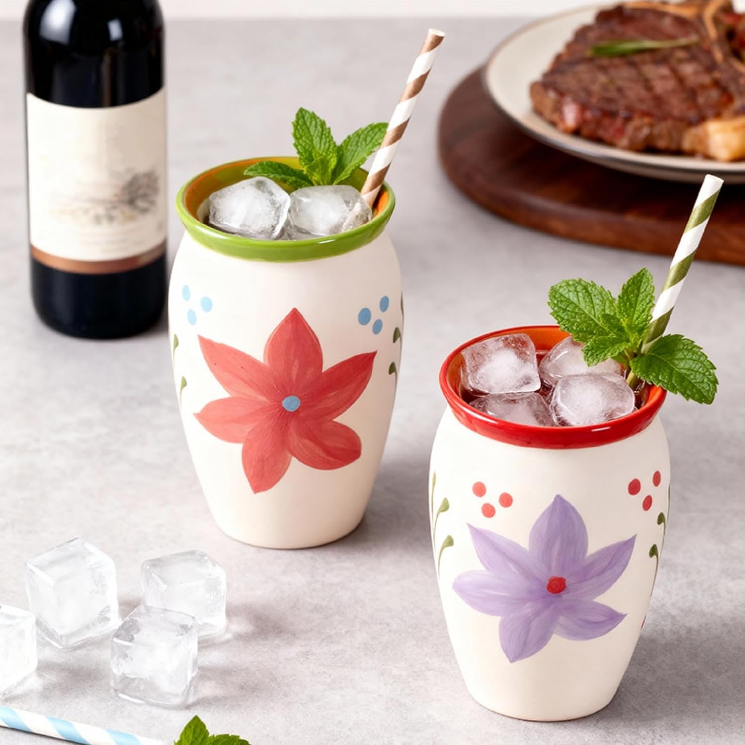 6 Pack Cantaritos Cups, 12 Oz Hand Painted Clay Dringking Cups, Colorful Mexican Terracotta Mugs, Pottery Cocktail Cup Bottles for Margaritas Mojitos Mexican Fiesta Taco Tuesday